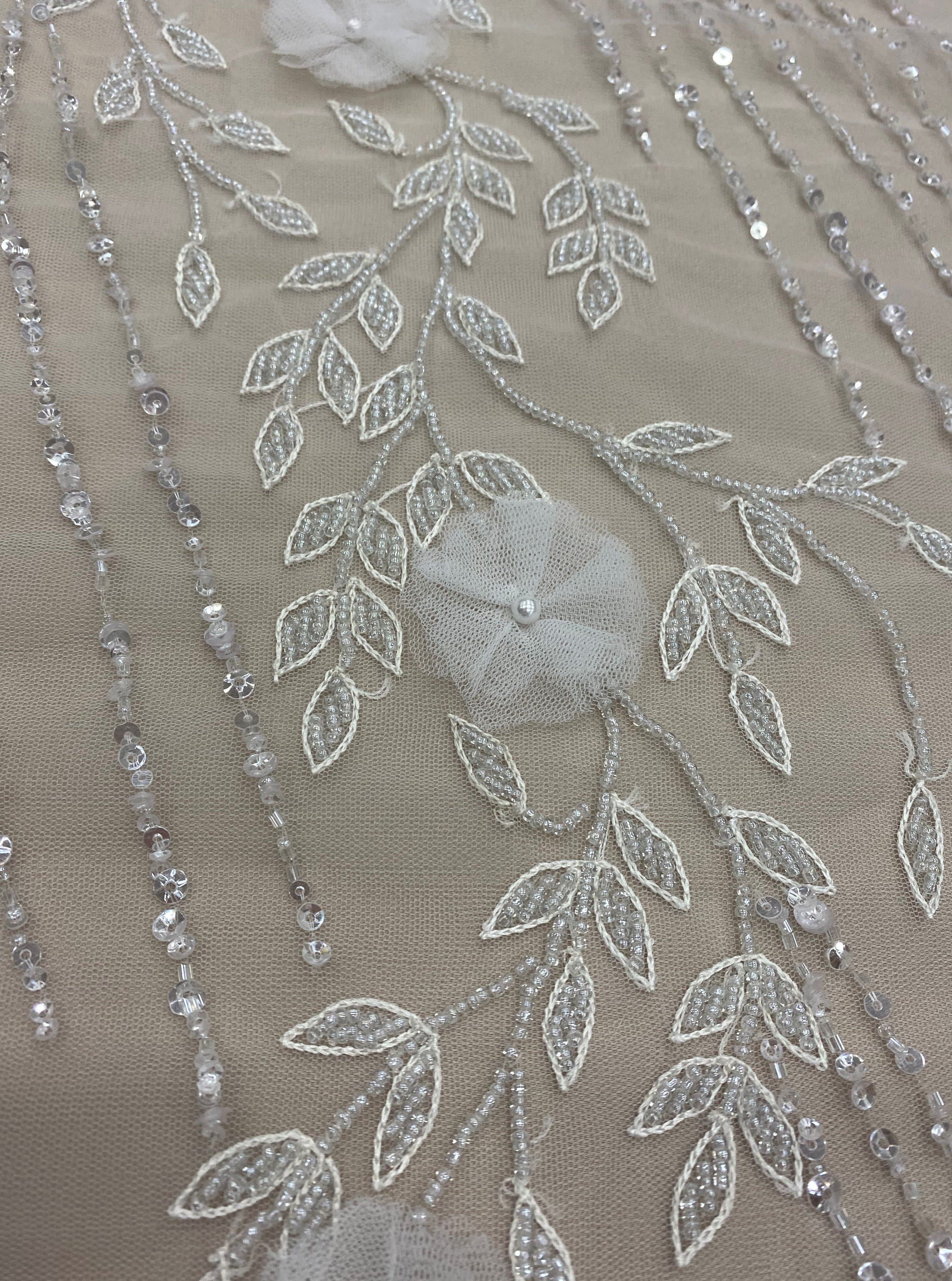 Ivory Embellished Tulle — featuring floral motifs, hand-beading and sequins, in nylon, 105cm wide