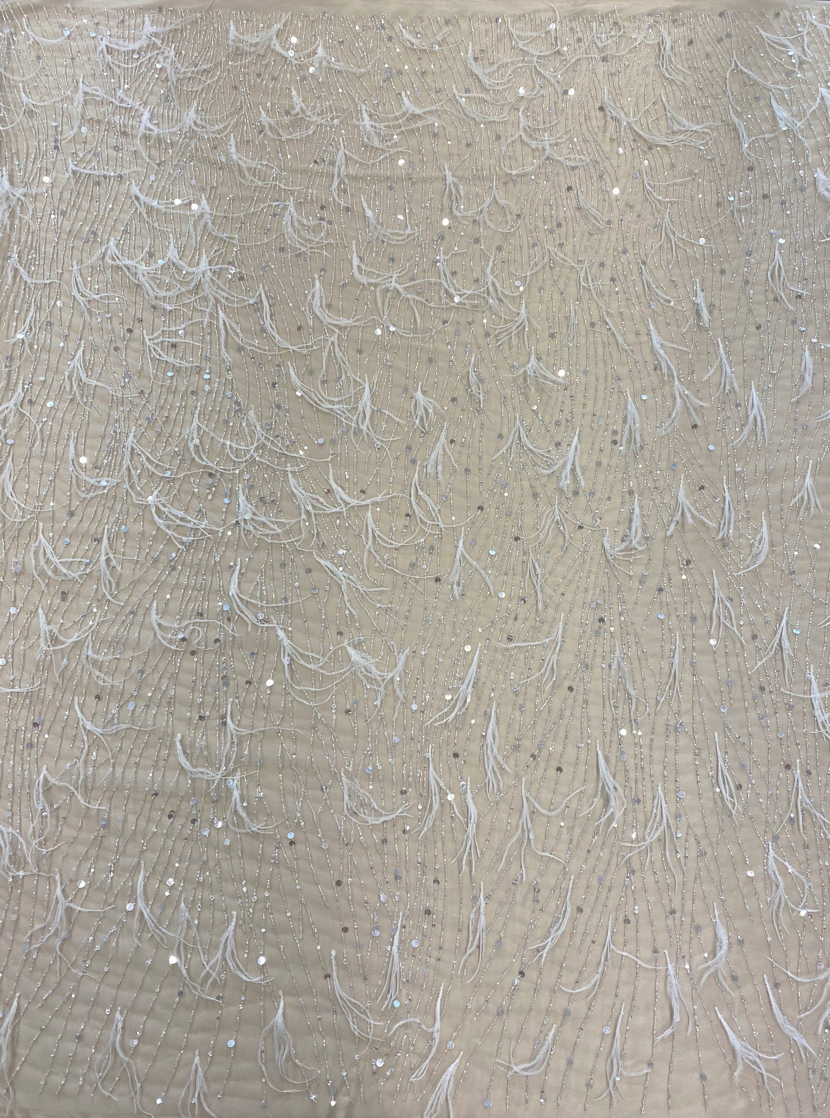 Ivory Feather Embellished Tulle — featuring hand-beading, 100% nylon, 140cm wide