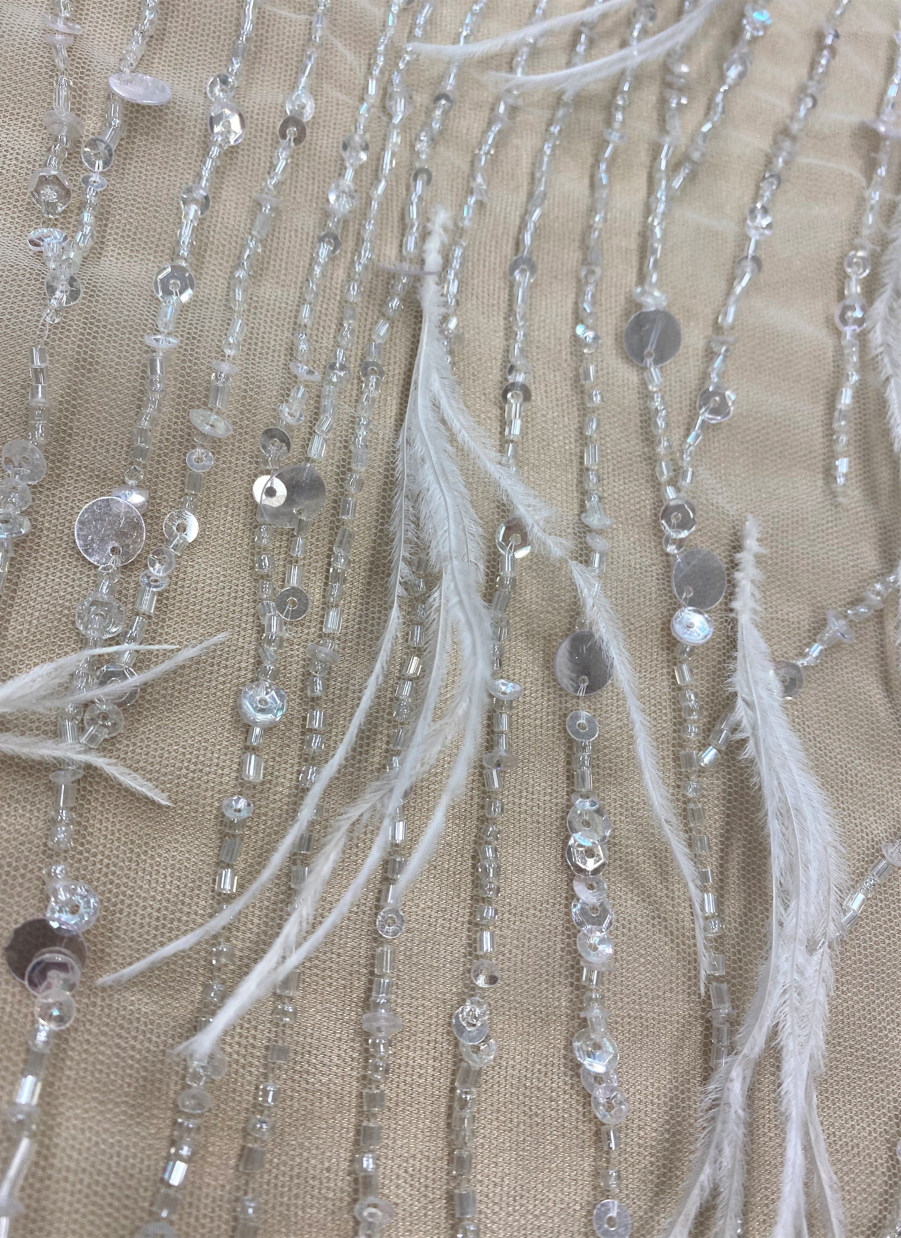 Ivory Feather Embellished Tulle — featuring hand-beading, 100% nylon, 140cm wide