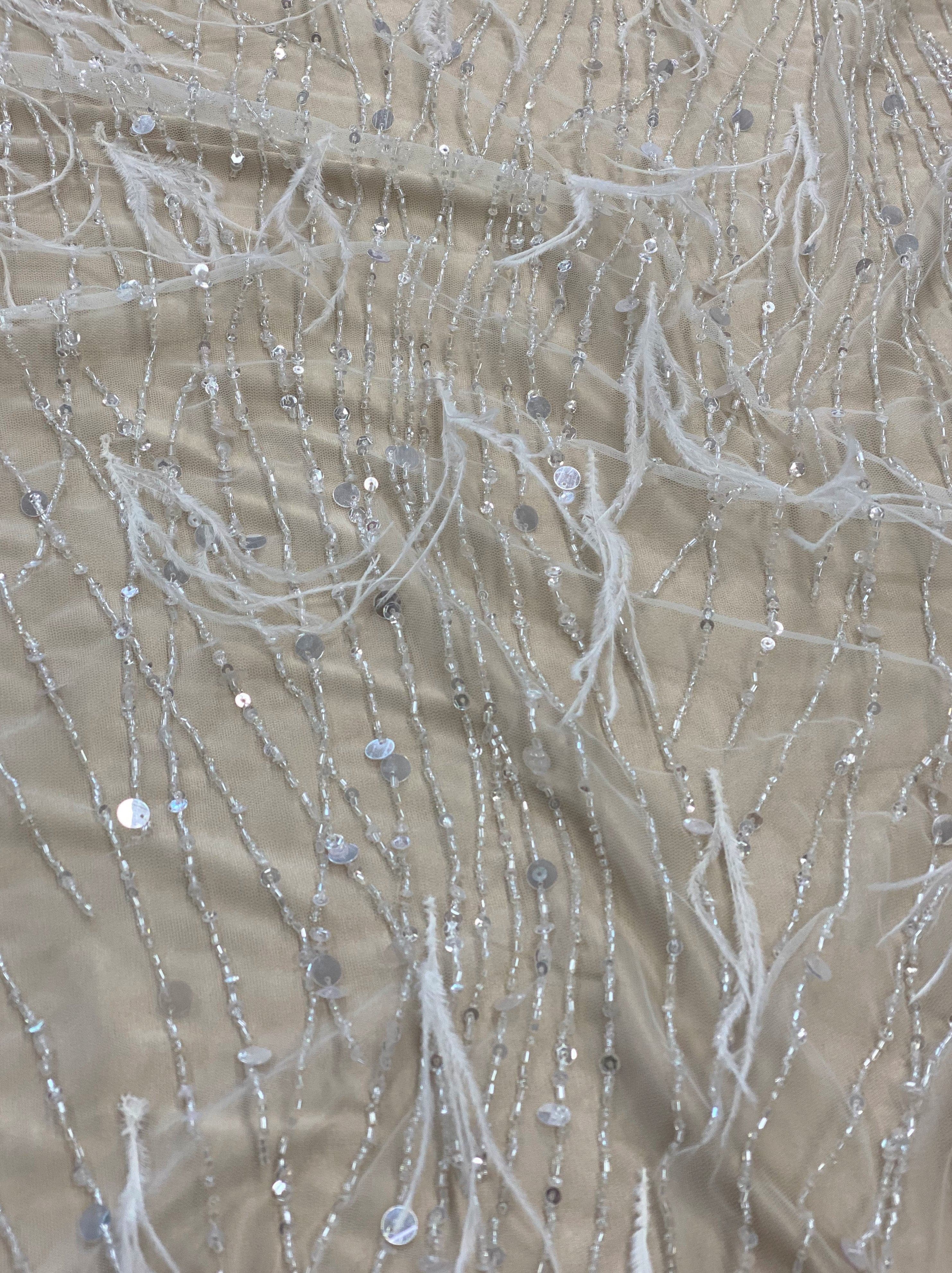 Ivory Feather Embellished Tulle — featuring hand-beading, 100% nylon, 140cm wide