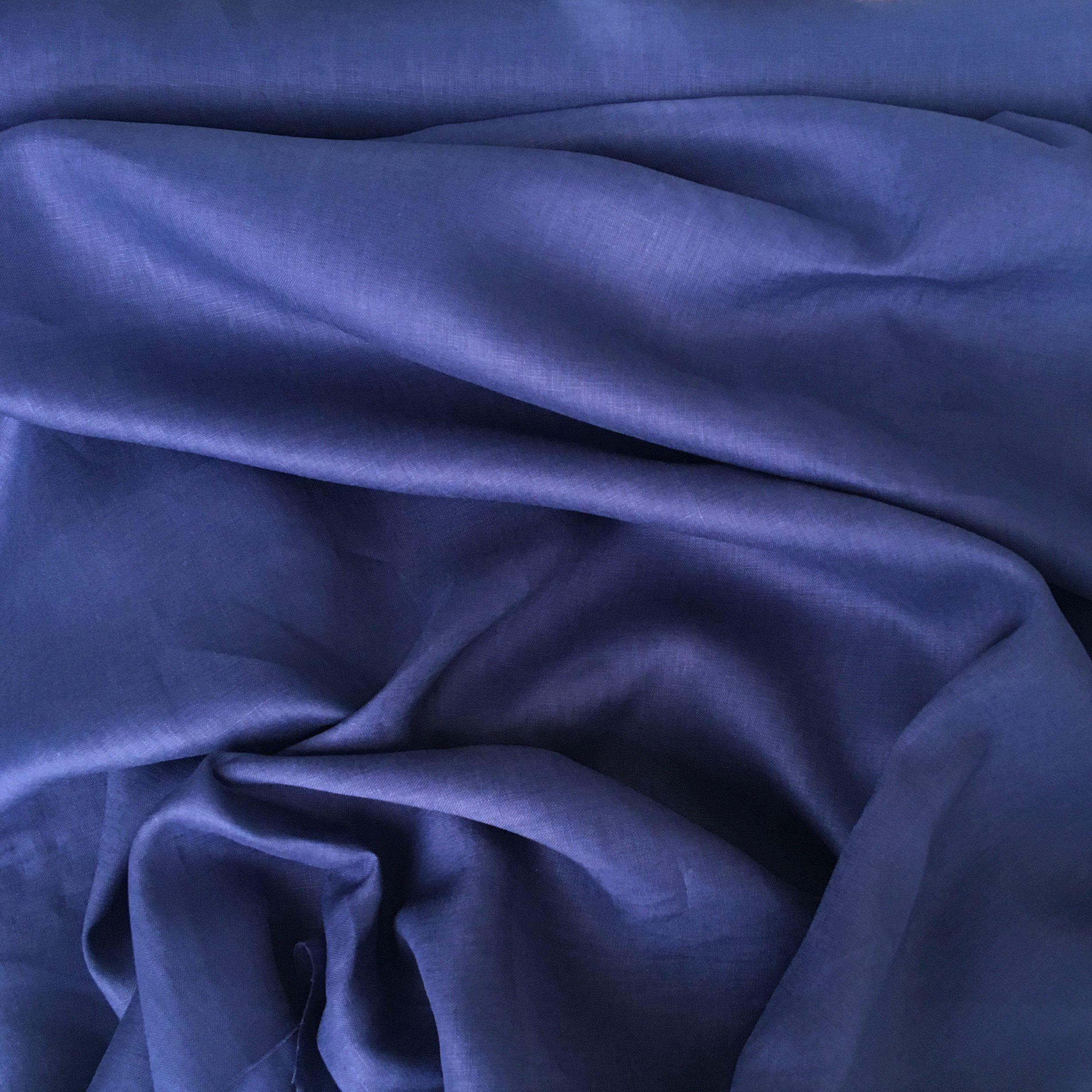 Midnight Linen — mid-weight plain-weave linen with a slightly crisp handle that softens with wear, 100% linen, 135cm wide