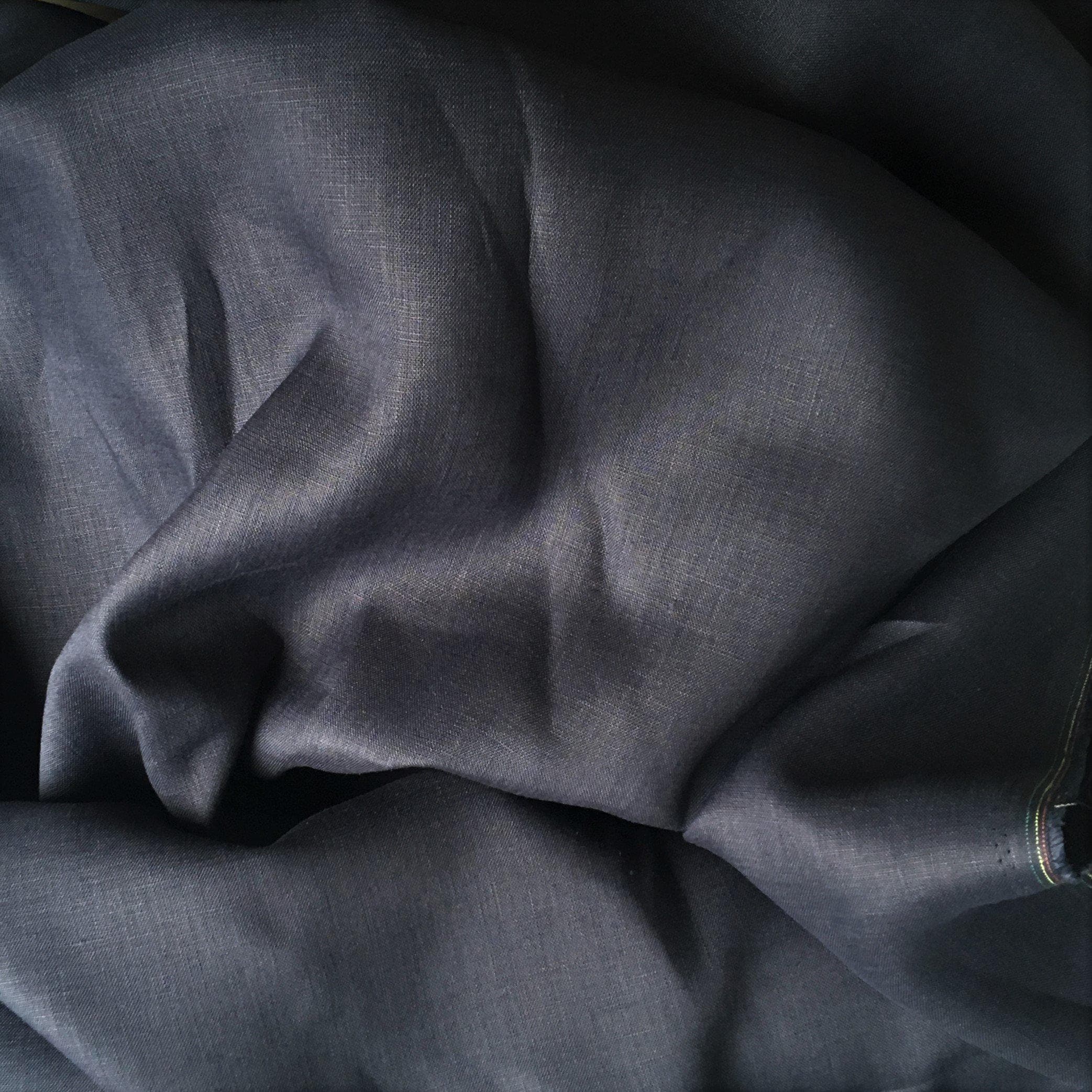 Navy Linen — mid-weight plain-weave linen with a slightly crisp handle that softens with wear, 100% linen, 135cm wide
