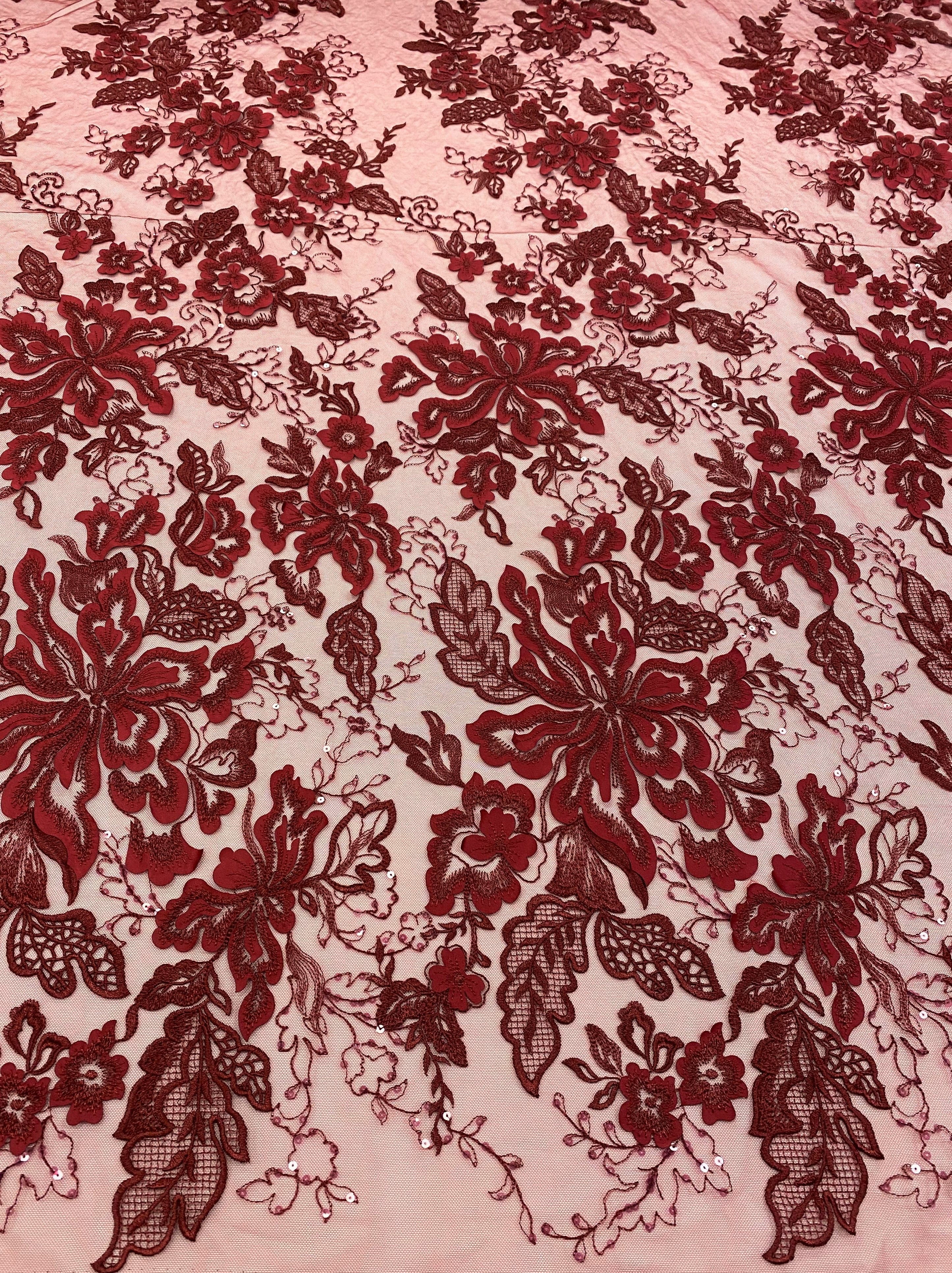 Wine Embellished Tulle — featuring floral motifs, a border design and sequins, 30% nylon 60% rayon 10% polyester, 130cm wide