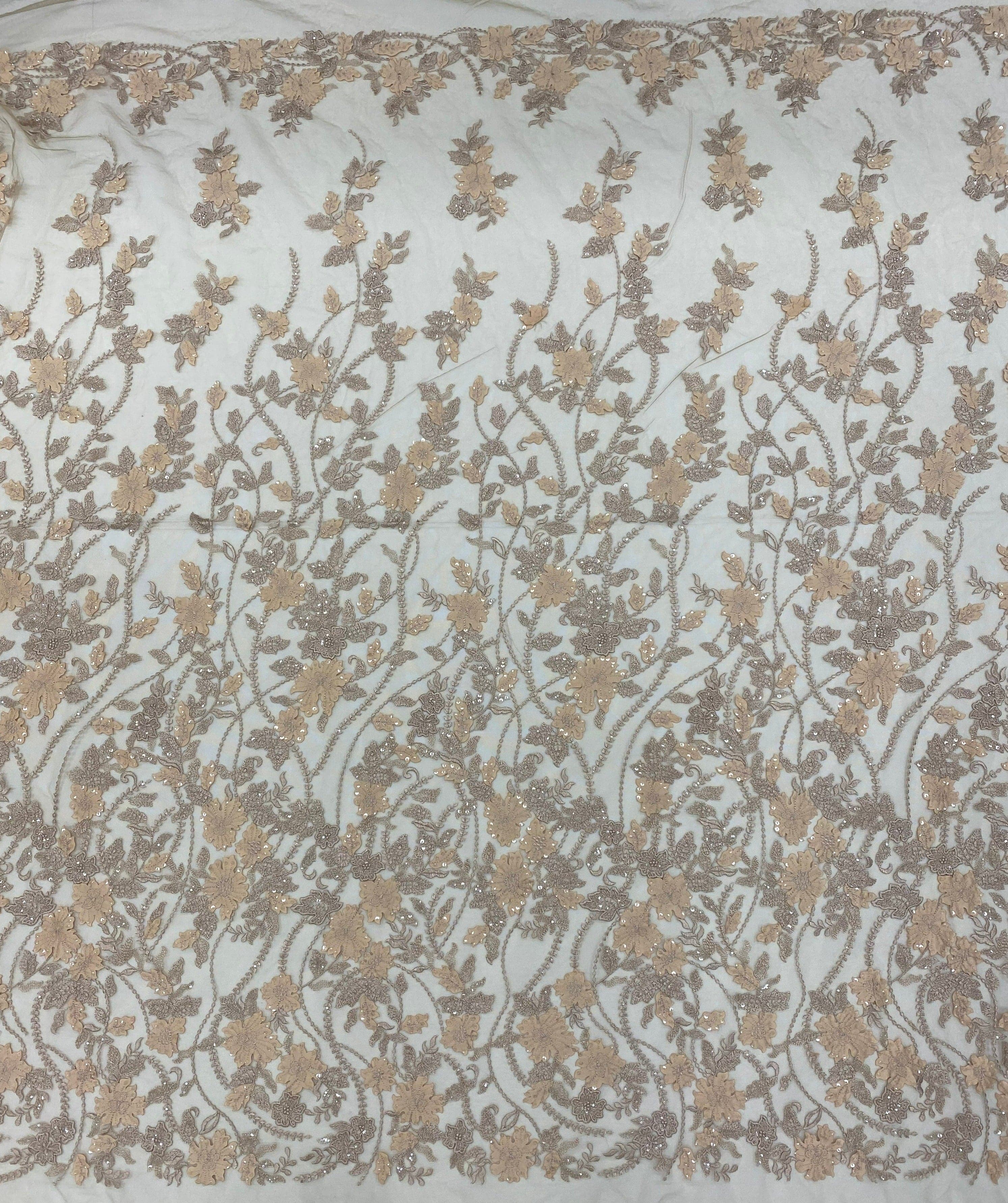 Sand Embellished 3-D Floral Tulle — featuring laser-cut 3-D floral appliqués on a fine tulle