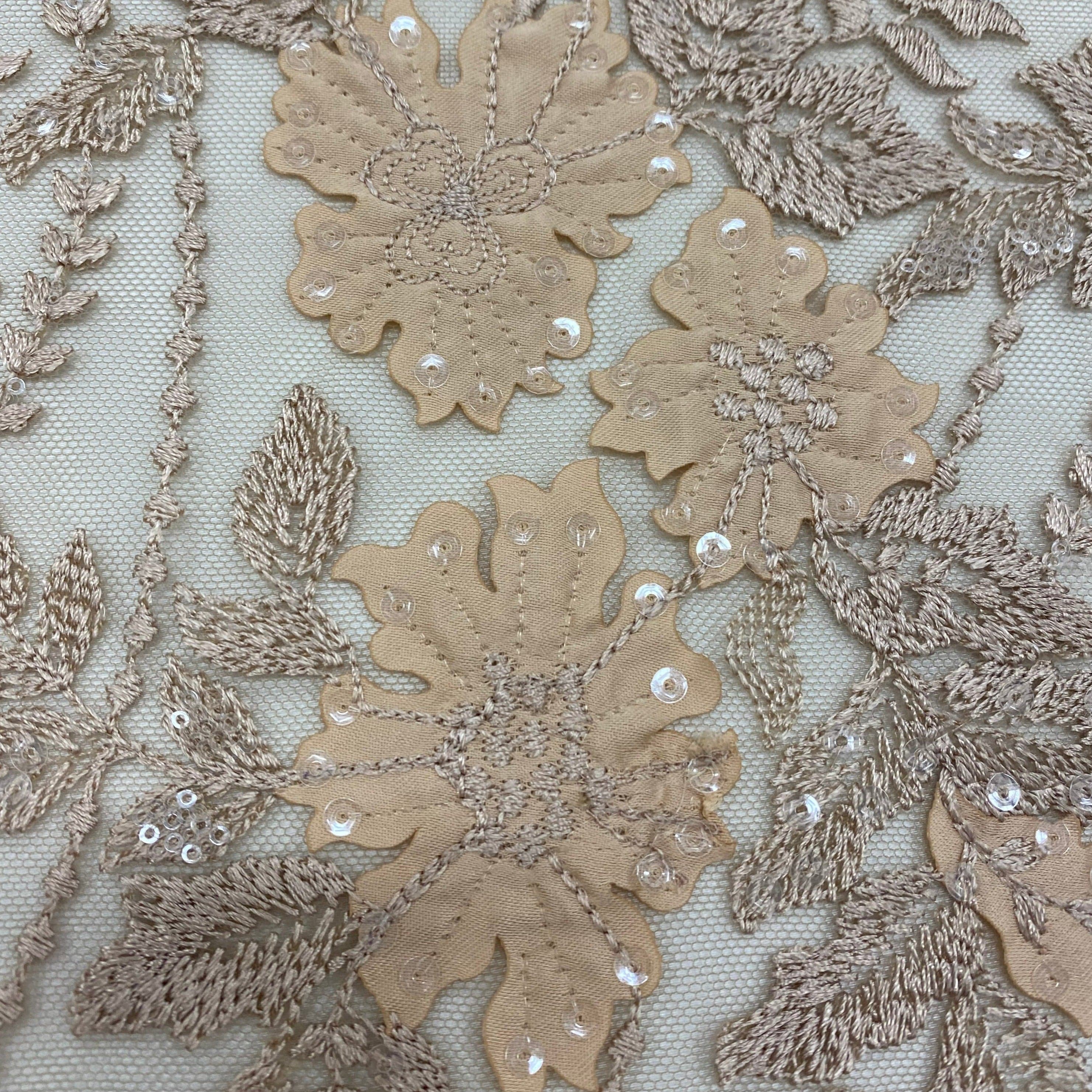 Sand Embellished 3-D Floral Tulle — featuring laser-cut 3-D floral appliqués on a fine tulle