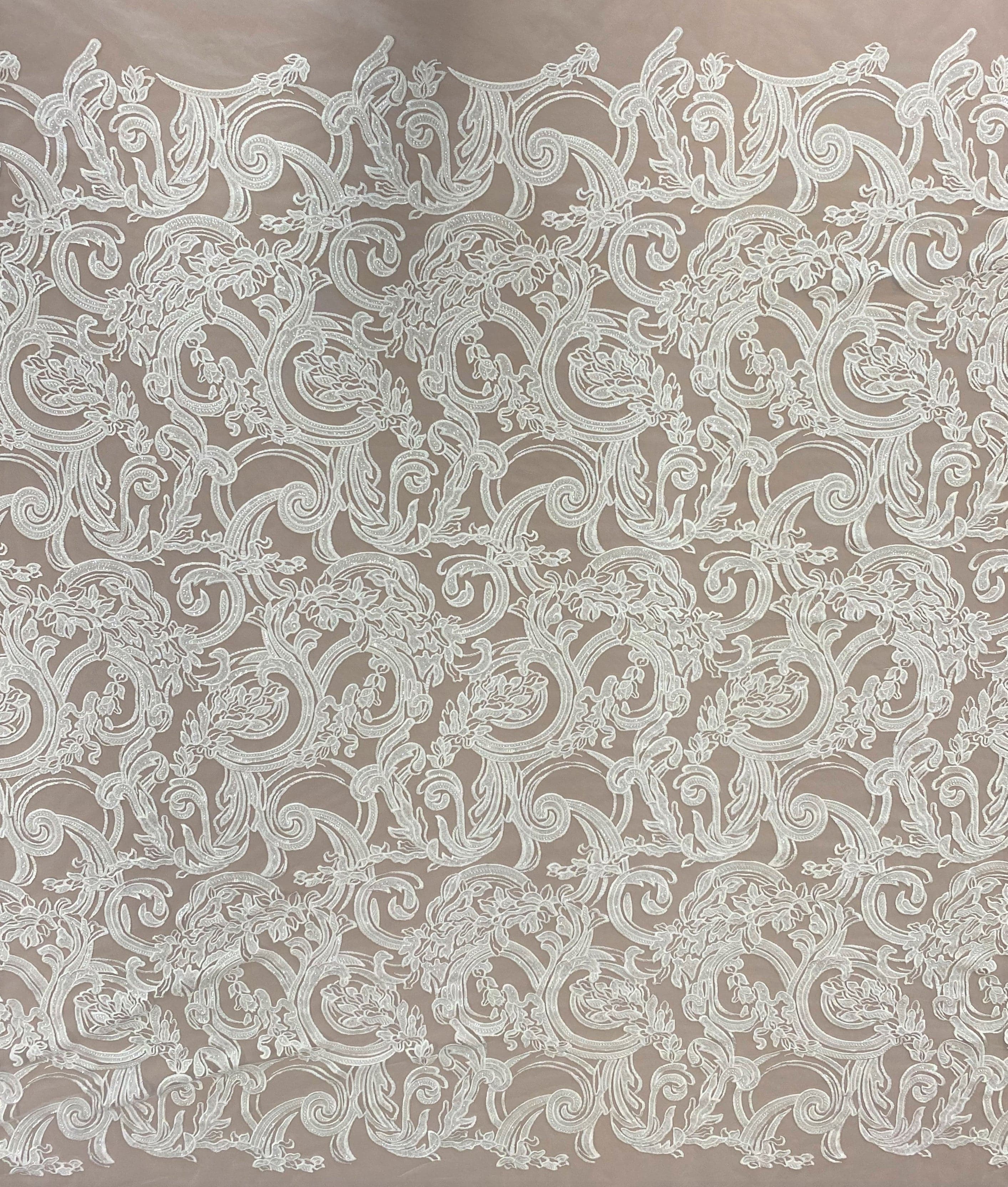Ivory Embroidered Tulle — featuring floral motifs, hand-beading and sequins, 50% nylon 50% rayon, 130cm wide