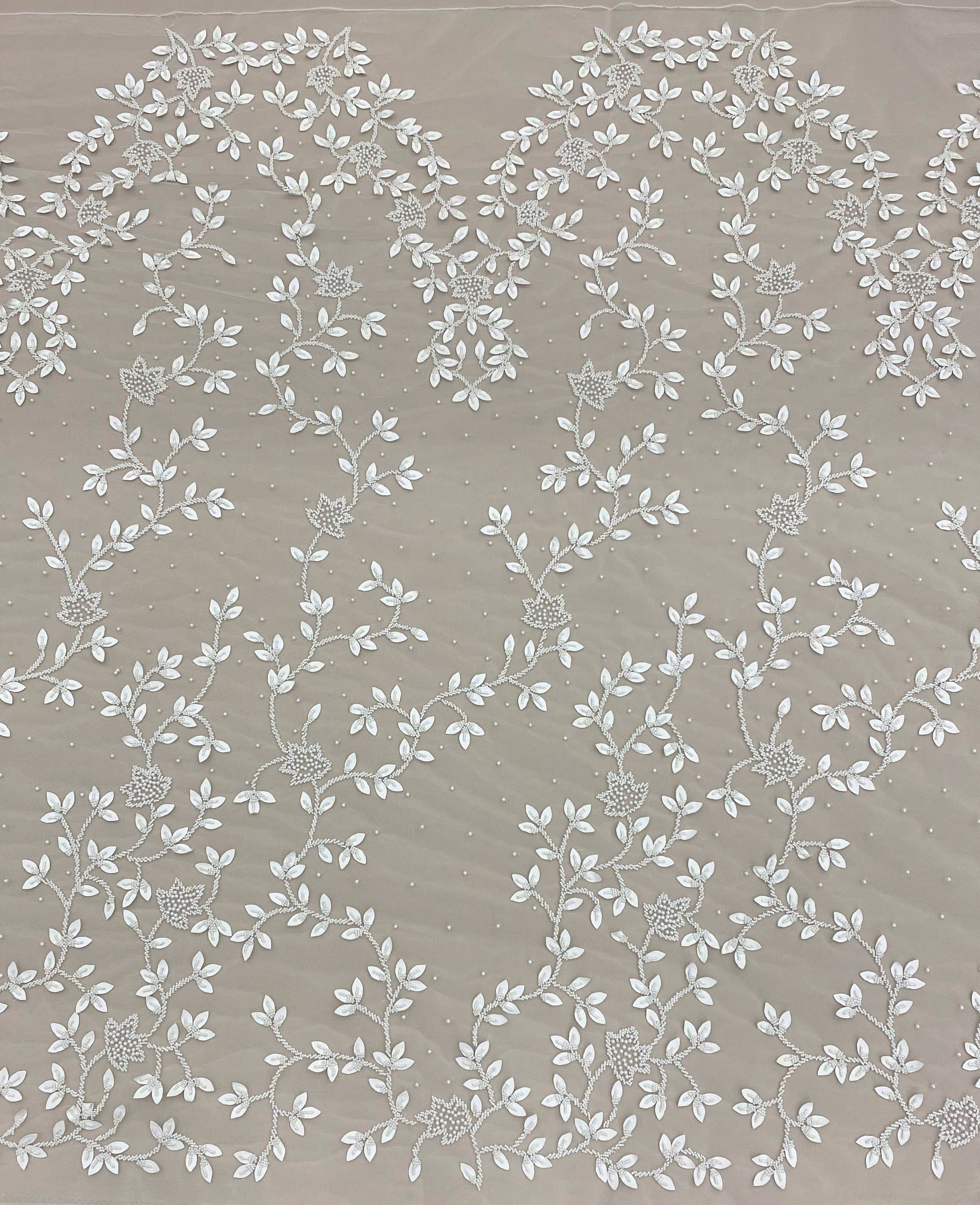 Ivory Leather Floral Embellished Tulle — featuring floral motifs and hand-beading, 100% nylon, 125cm wide