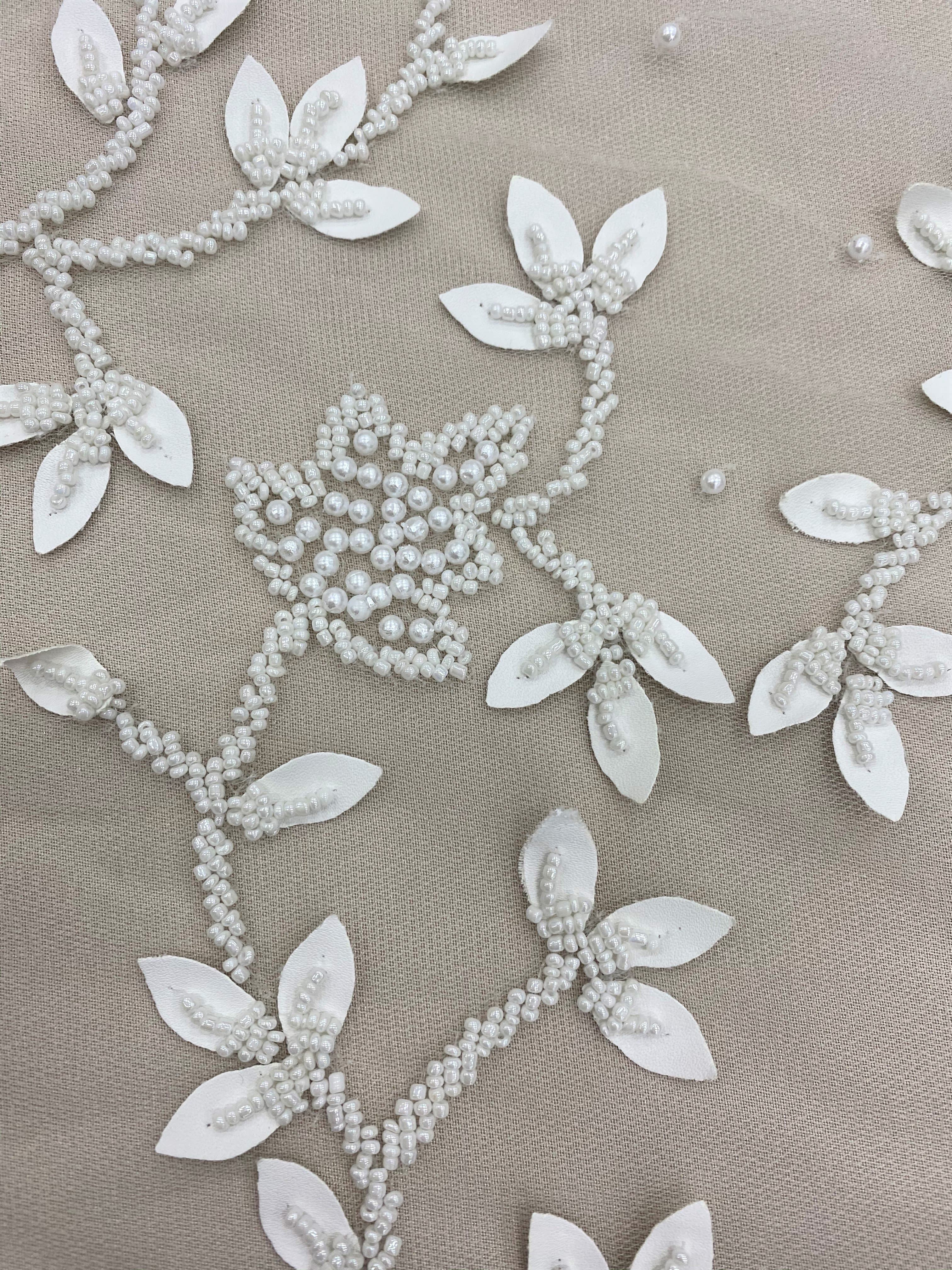 Ivory Leather Floral Embellished Tulle — featuring floral motifs and hand-beading, 100% nylon, 125cm wide
