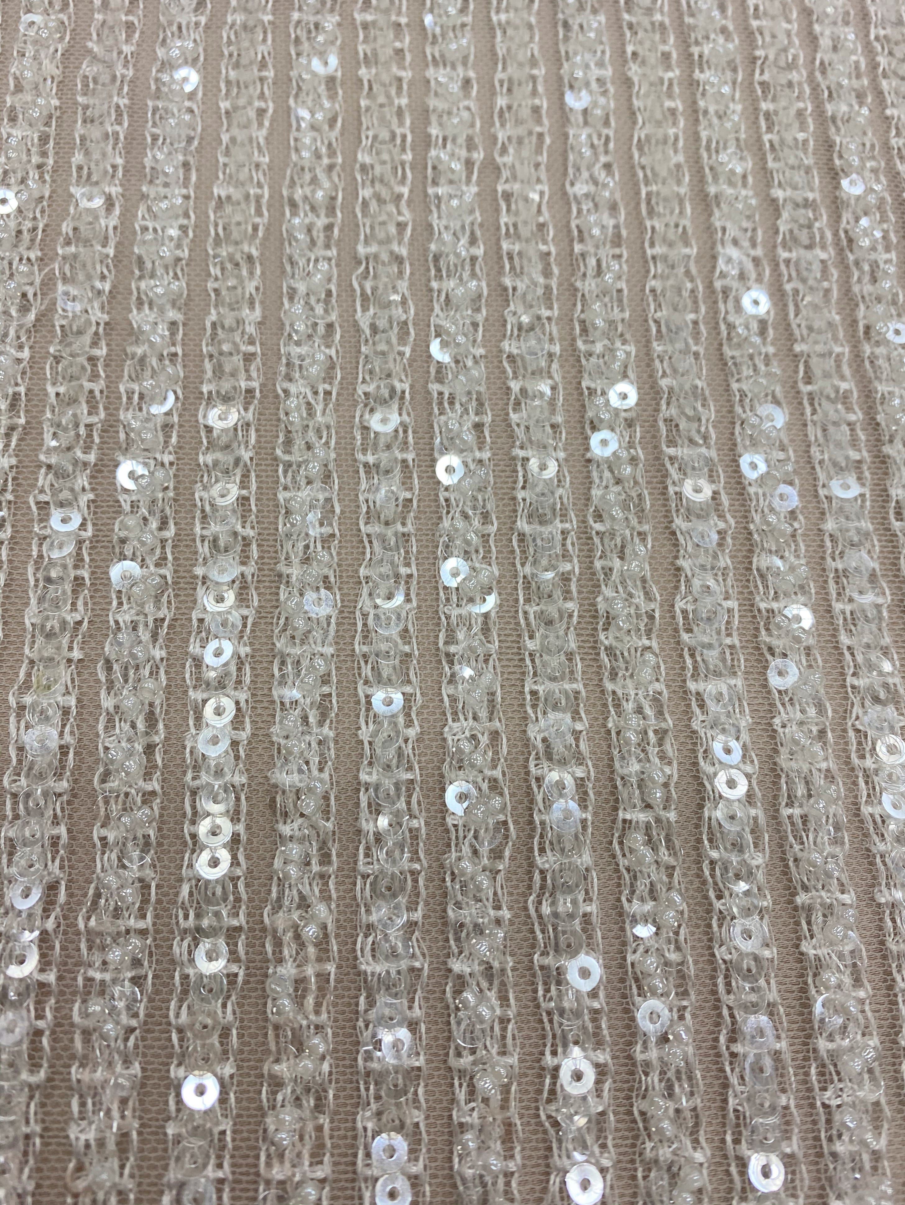Ivory Linear Embellished Tulle — featuring sequins, 60% rayon 40% nylon, 140cm wide