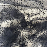 Black Flocked Hail Spot Tulle — soft, 100% polyester, 150cm wide