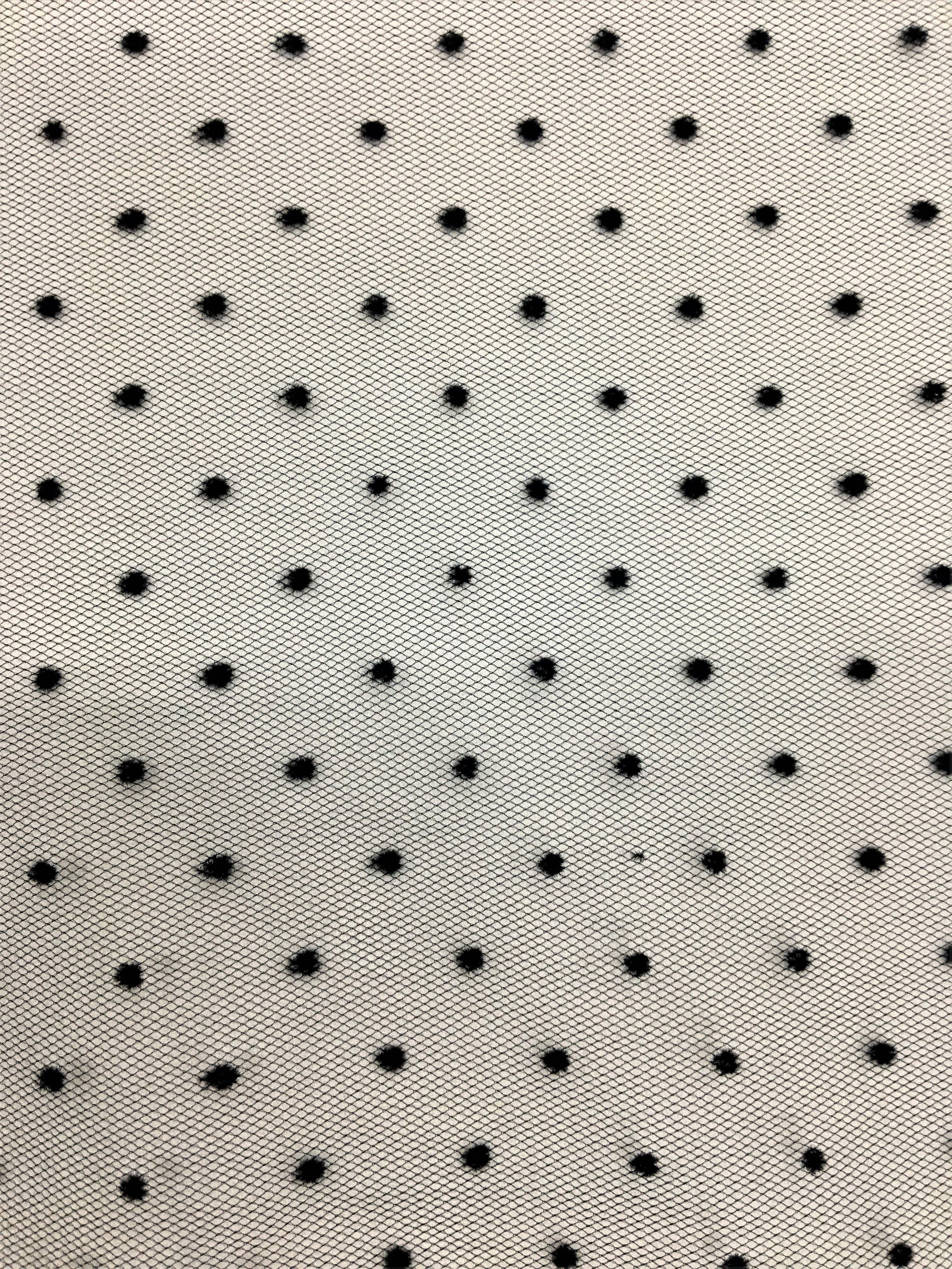 Black Flocked Hail Spot Tulle — soft, 100% polyester, 150cm wide