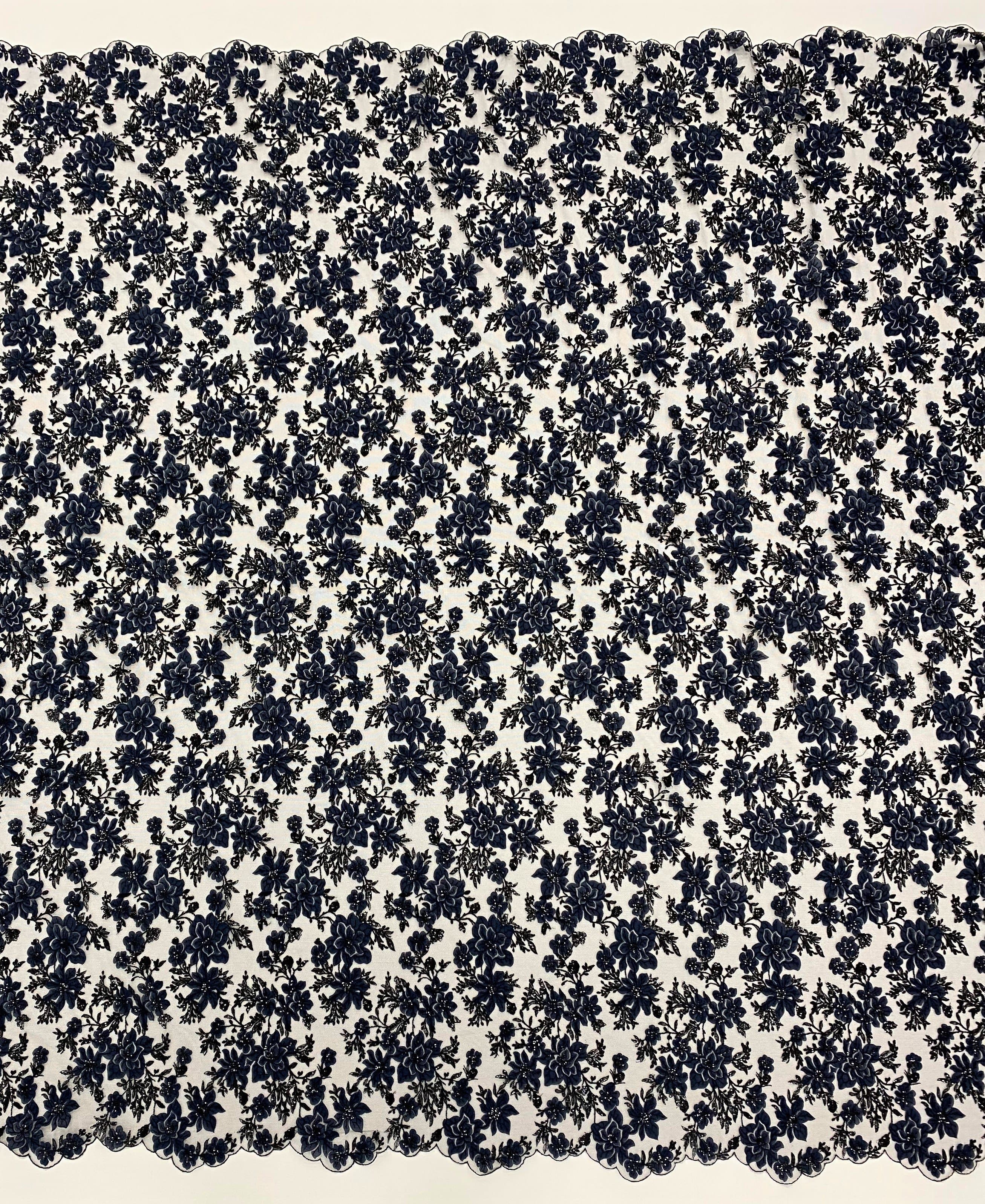 Navy 3D Floral Tulle — featuring floral motifs and sequins, 60% nylon 40% polyester, 130cm wide