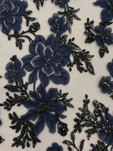Navy 3D Floral Tulle — featuring floral motifs and sequins, 60% nylon 40% polyester, 130cm wide