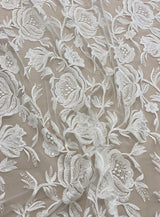 Ivory Embroidered Tulle — featuring scalloped edges, floral motifs and sequins, 50% nylon 50% polyester, 130cm wide