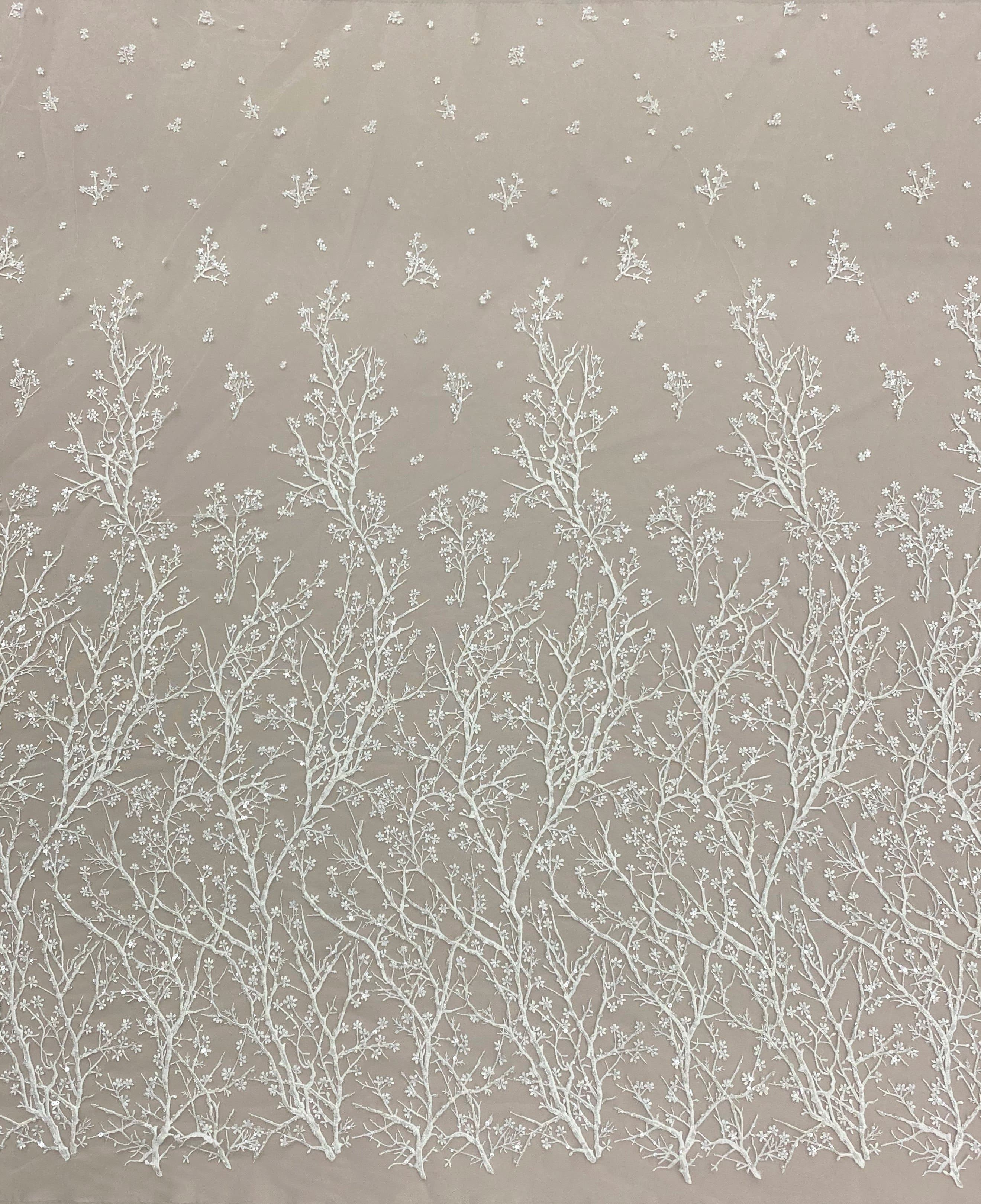 Ivory Floral Embellished Tulle — featuring floral motifs and hand-beading, 50% nylon 50% rayon, 130cm wide