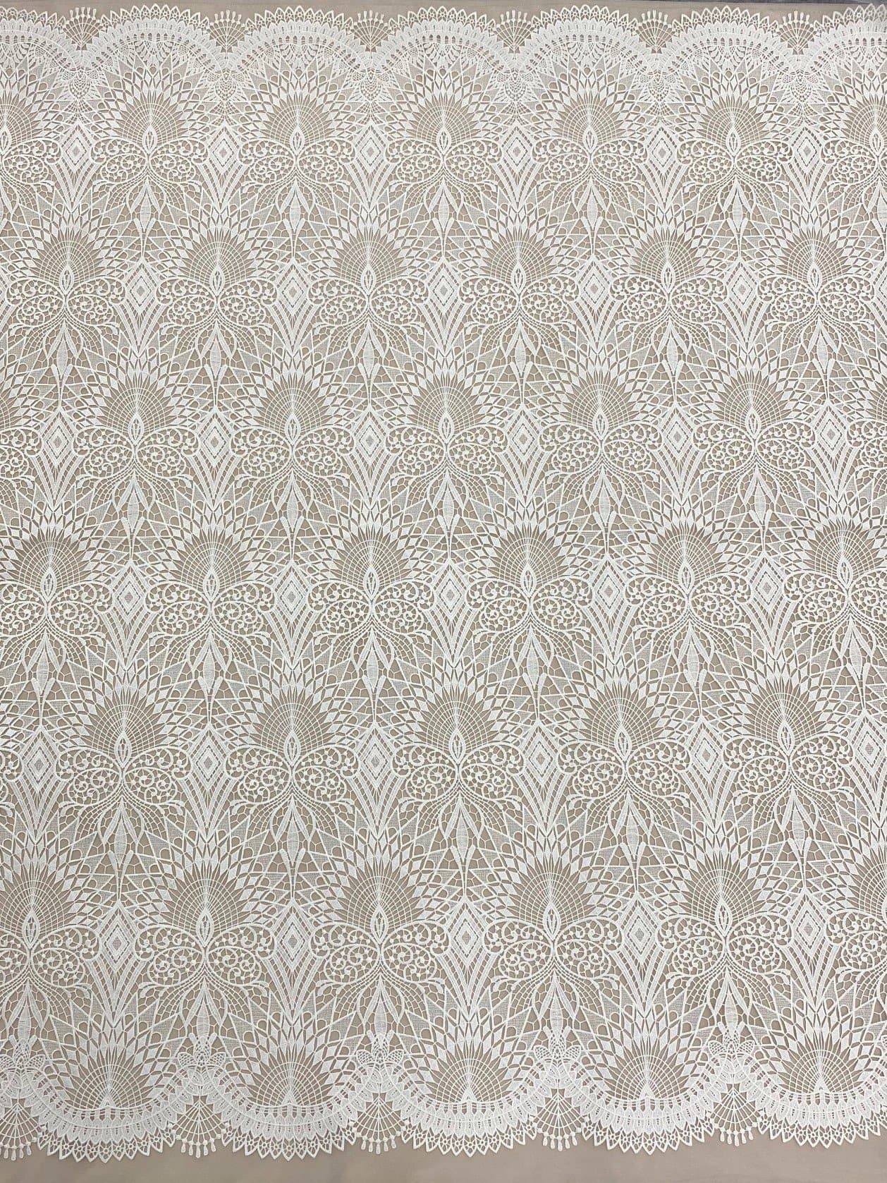 Ivory Embroidered Ornamental Tulle — featuring art deco motifs, 60% nylon 40% polyester, 130cm wide