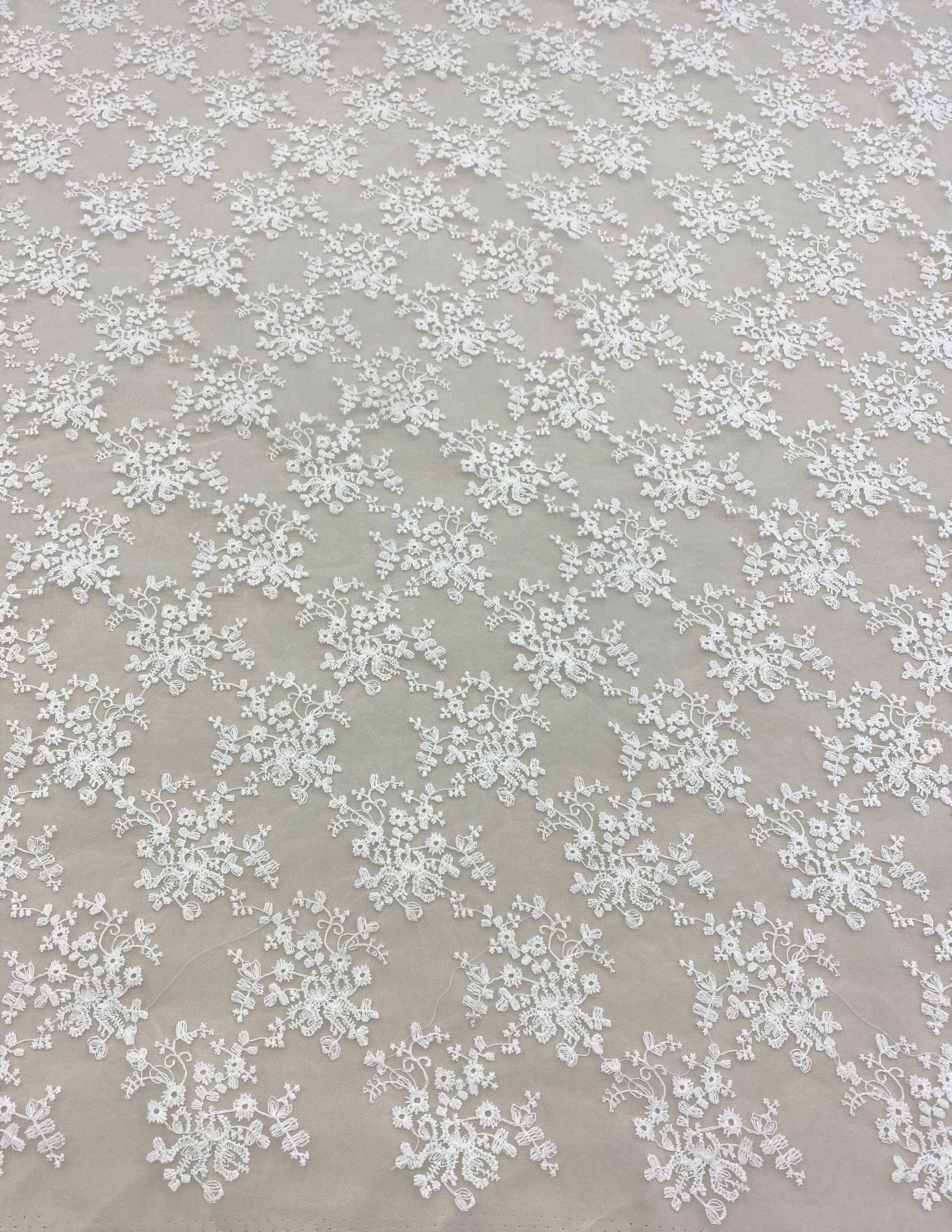 White Floral Embroidered Organza — featuring floral motifs, 100% polyester, 130cm wide