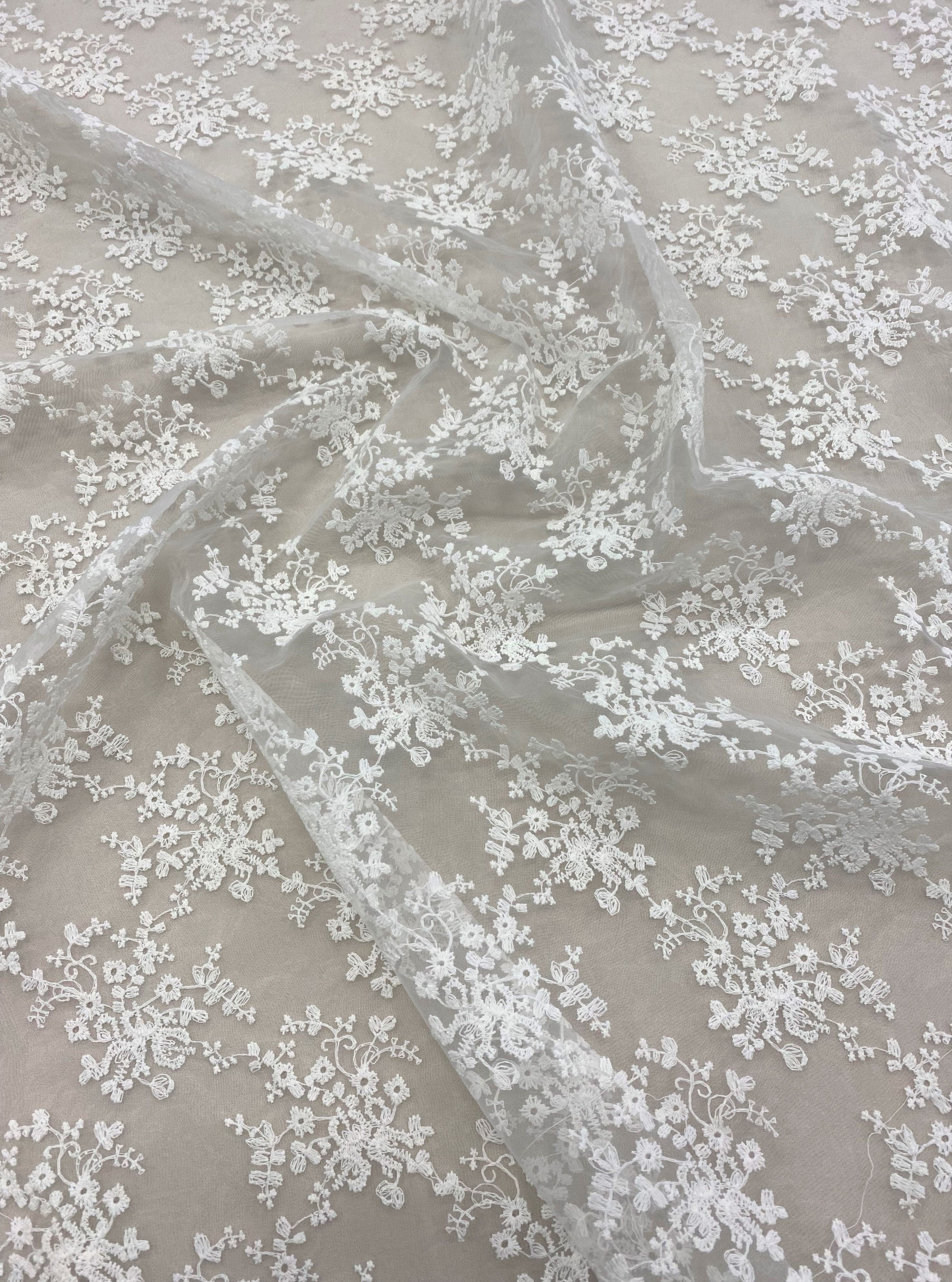 White Floral Embroidered Organza — featuring floral motifs, 100% polyester, 130cm wide