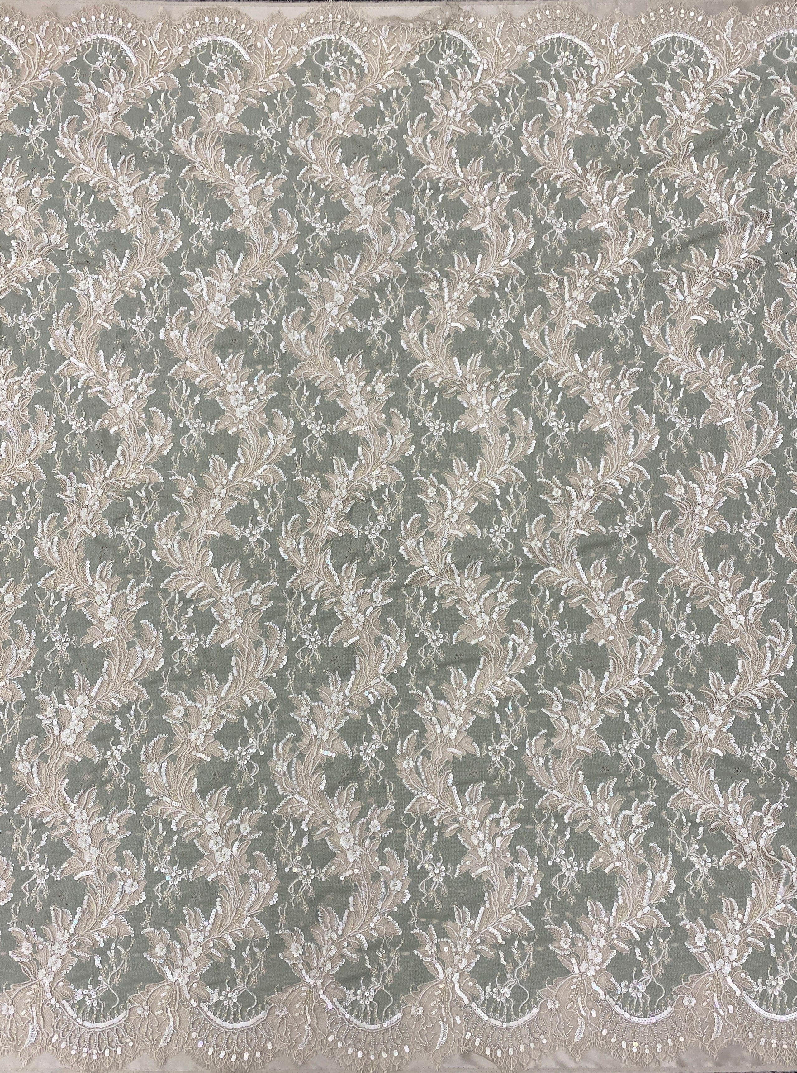 Sage Beaded Lace — featuring scalloped edges, eyelash detail and a botanical design, in nylon with stretch, 140cm wide