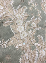 Sage Beaded Lace — featuring scalloped edges, eyelash detail and a botanical design, in nylon with stretch, 140cm wide