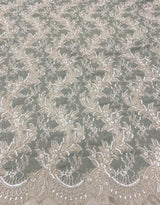 Sage Beaded Lace — featuring scalloped edges, eyelash detail and a botanical design, in nylon with stretch, 140cm wide