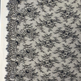 Black Fine Floral Lace — featuring scalloped edges, eyelash detail and floral motifs, 150cm wide
