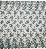 Bottle Green Fine Floral Lace — featuring scalloped edges and floral motifs, 130cm wide