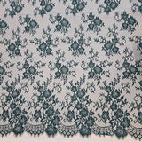 Bottle Green Fine Floral Lace — featuring scalloped edges and floral motifs, 130cm wide