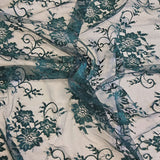 Bottle Green Fine Floral Lace — featuring scalloped edges and floral motifs, 130cm wide
