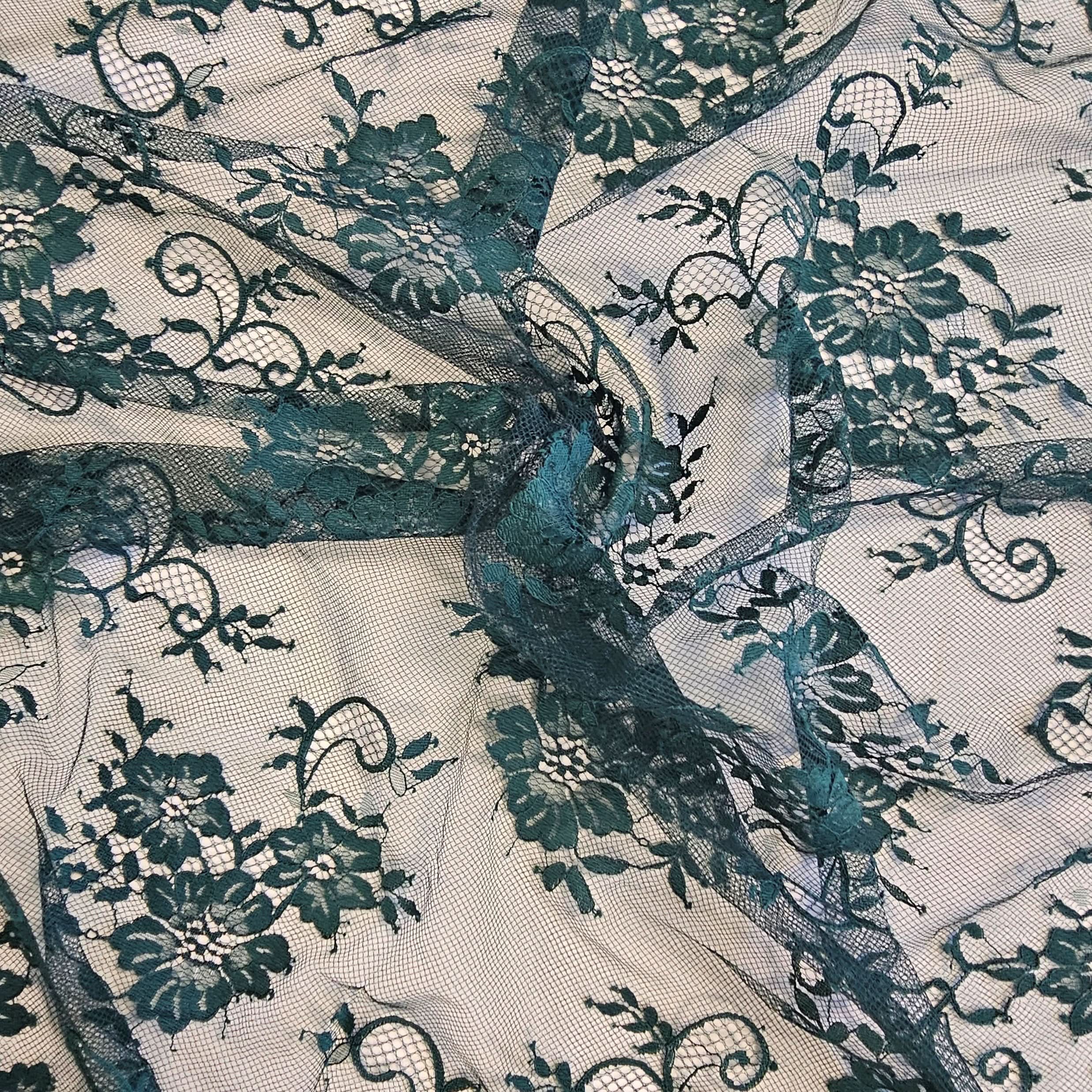 Bottle Green Fine Floral Lace — featuring scalloped edges and floral motifs, 130cm wide