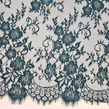 Bottle Green Fine Floral Lace — featuring scalloped edges and floral motifs, 130cm wide