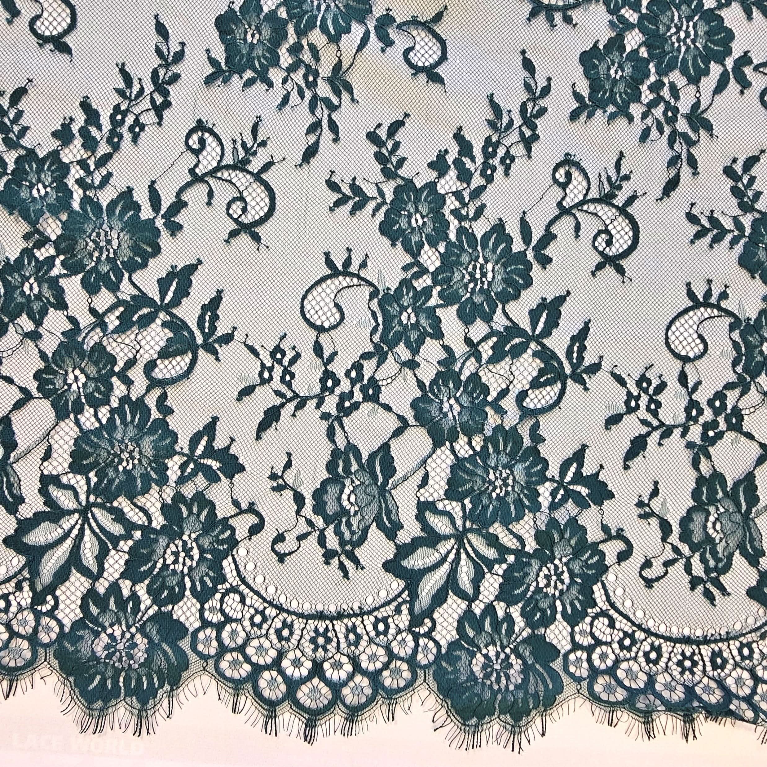 Bottle Green Fine Floral Lace — featuring scalloped edges and floral motifs, 130cm wide