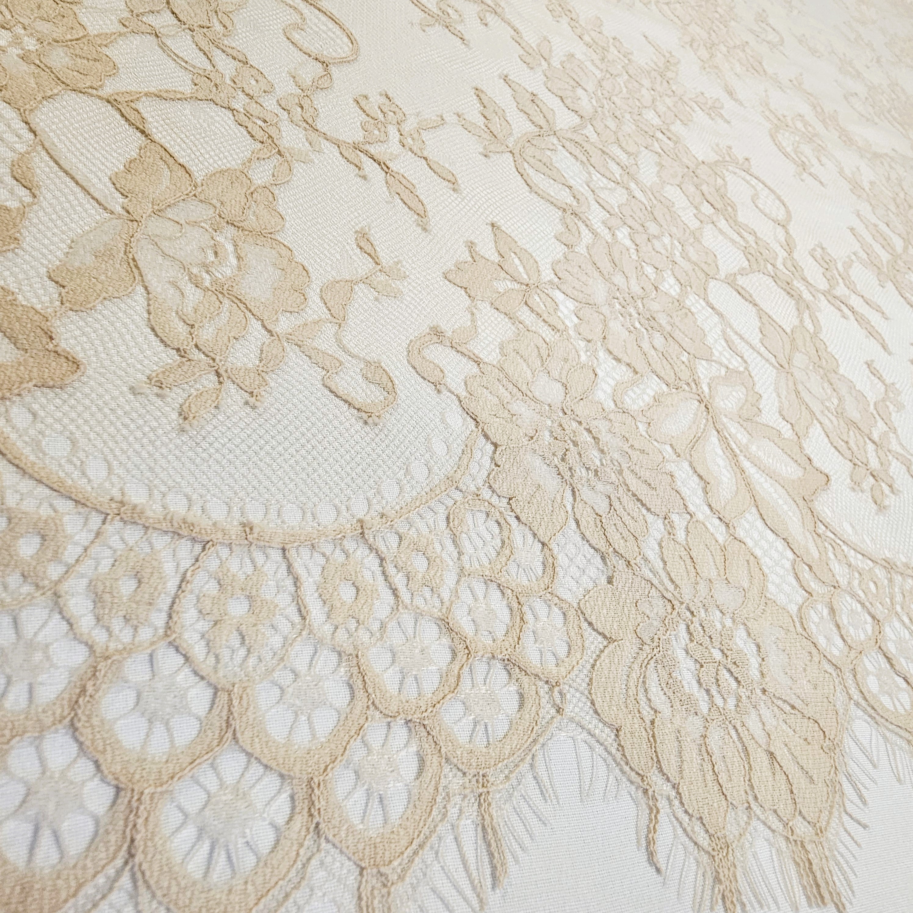 Nude Fine Floral Lace — featuring scalloped edges and floral motifs, 130cm wide