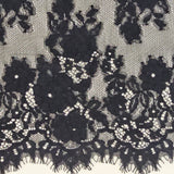 Black Fine Lace Trim — featuring scalloped edges, eyelash detail and floral motifs, in cotton and nylon, 30cm wide