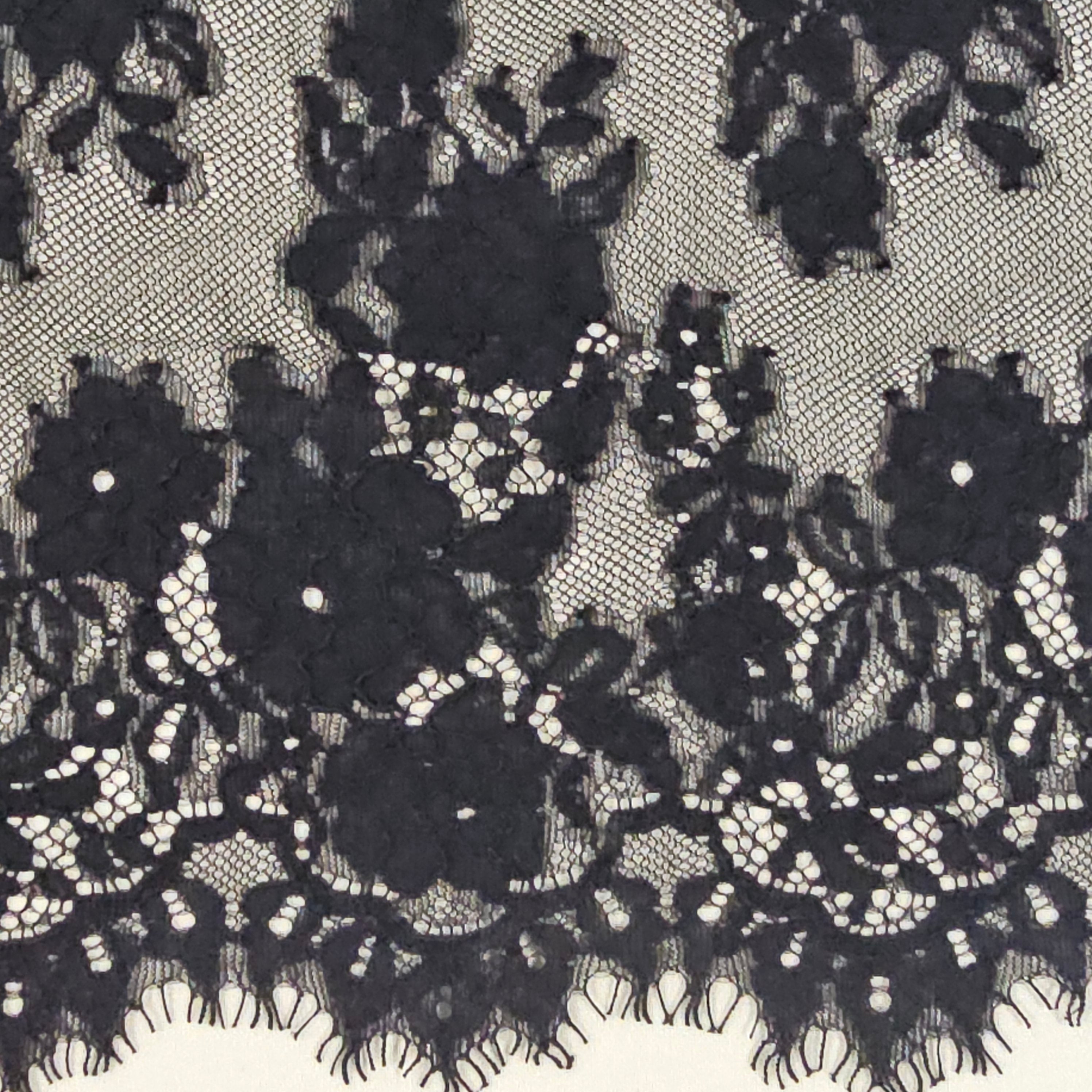Black Fine Lace Trim — featuring scalloped edges, eyelash detail and floral motifs, in cotton and nylon, 30cm wide