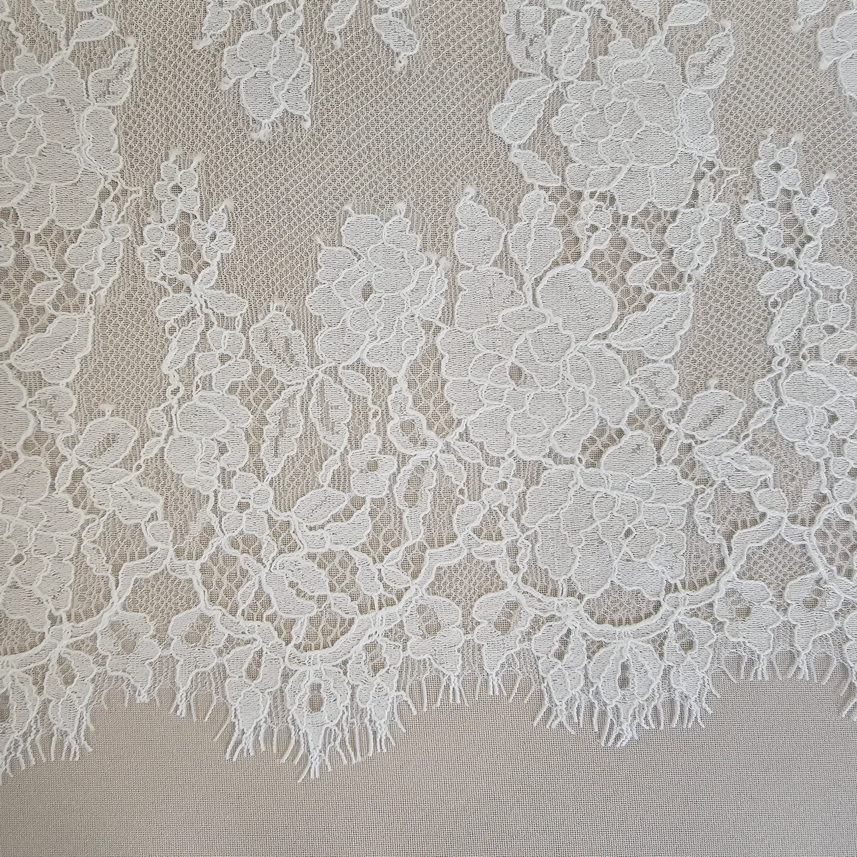 Ivory Fine Lace Trim — featuring scalloped edges, eyelash detail and floral motifs, in cotton and nylon, 30cm wide