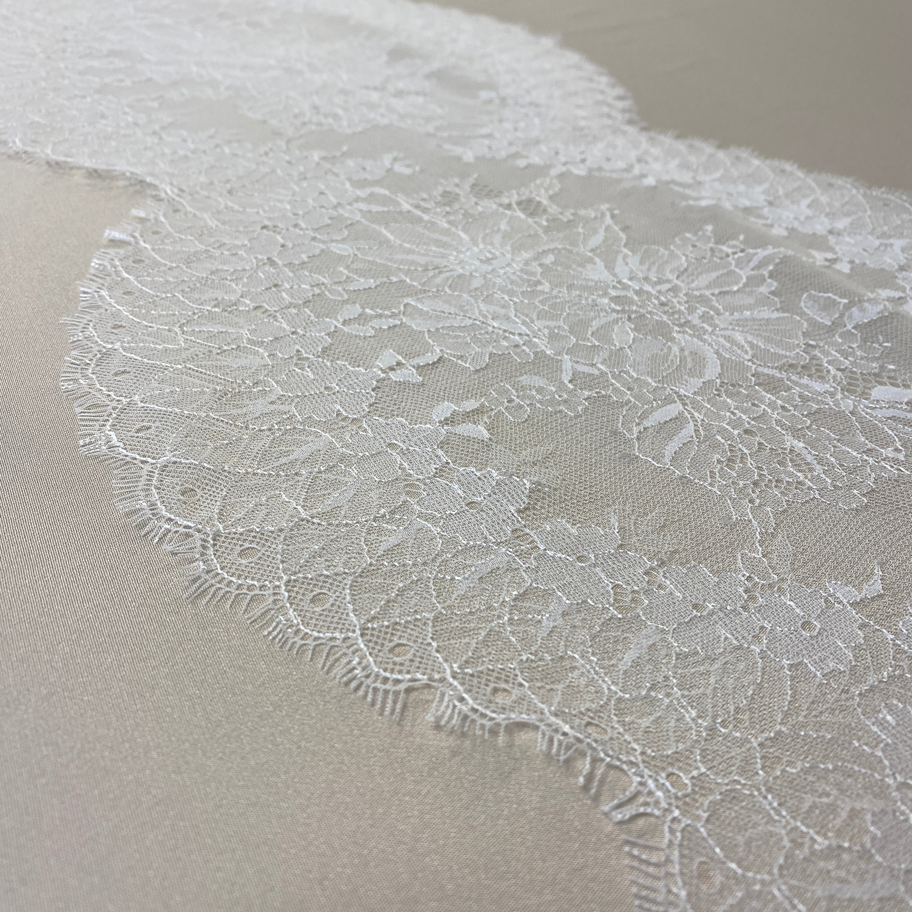 Ivory Fine lace trim — featuring scalloped edges, eyelash detail and floral motifs, 30cm wide