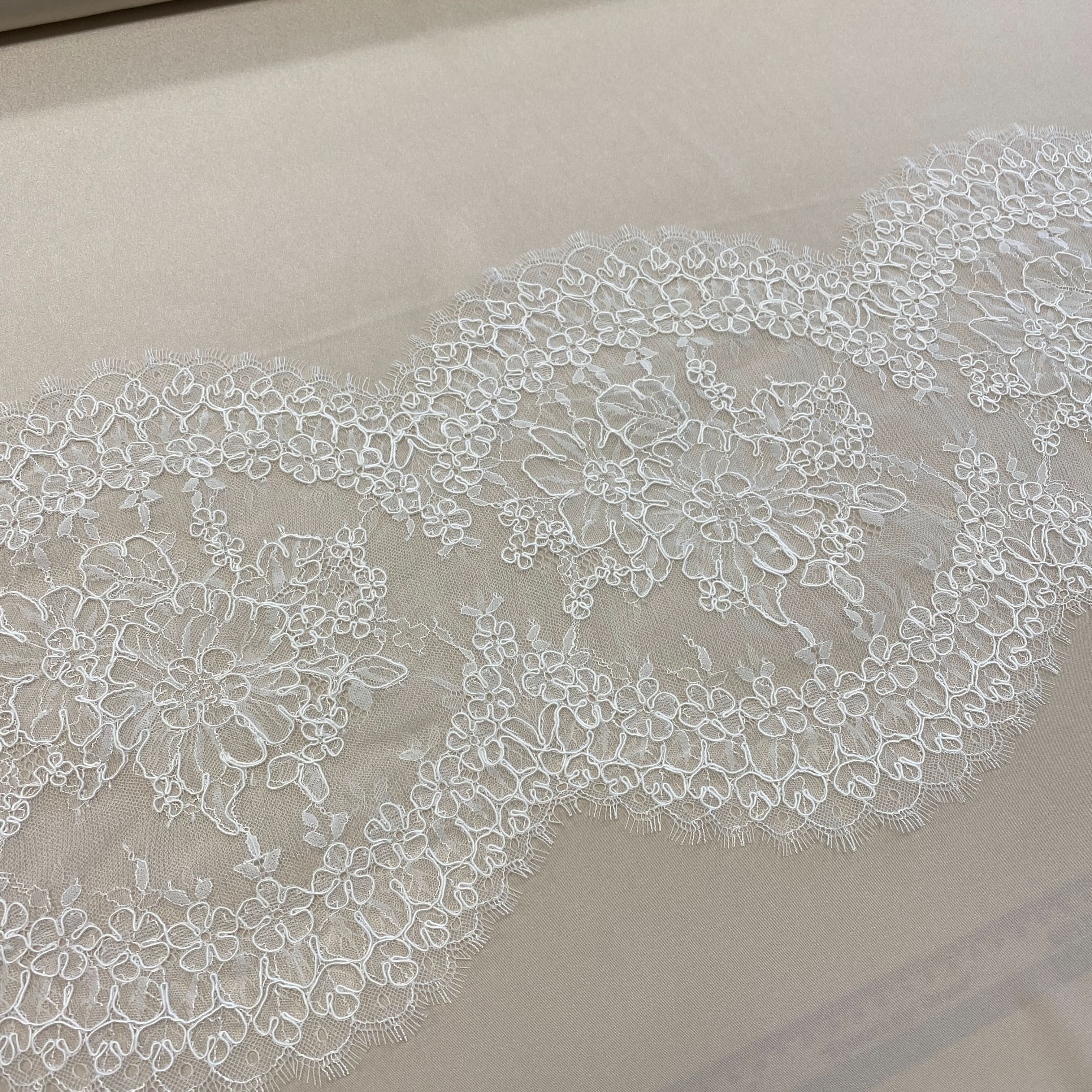 Ivory Fine Corded Lace Trim — featuring floral motifs and a corded texture, in nylon, viscose and cotton, 30cm wide
