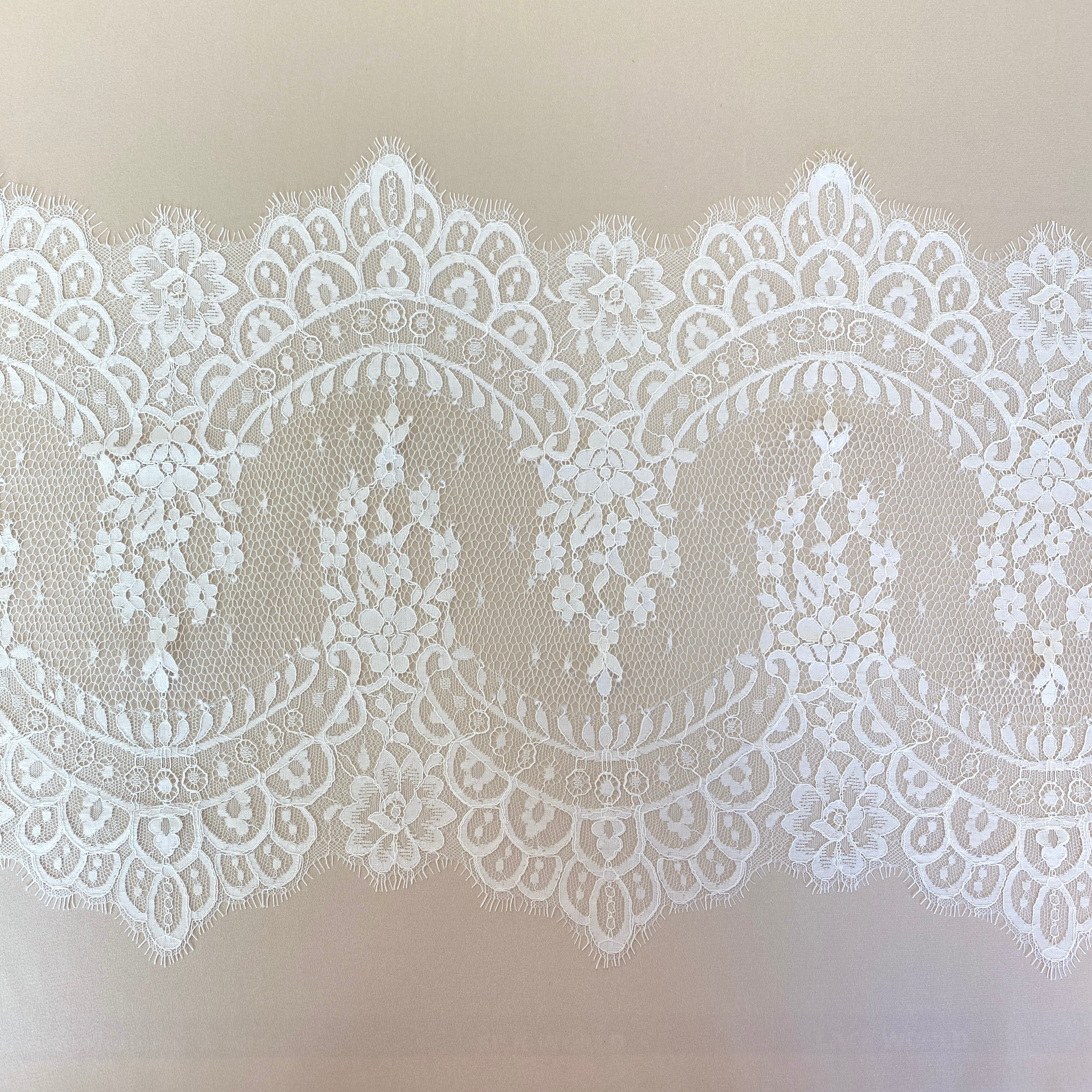 Ivory Fine Lace Trim — featuring scalloped edges and floral motifs, in nylon and viscose, 30cm wide