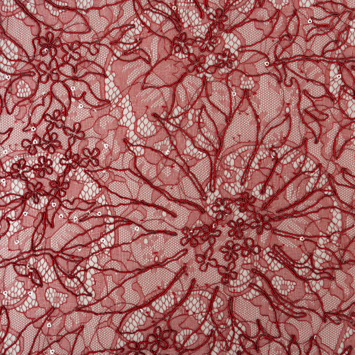 Rust Sequined Floral Corded Lace — featuring floral motifs, a corded texture and sequins, in nylon and viscose, 130cm wide