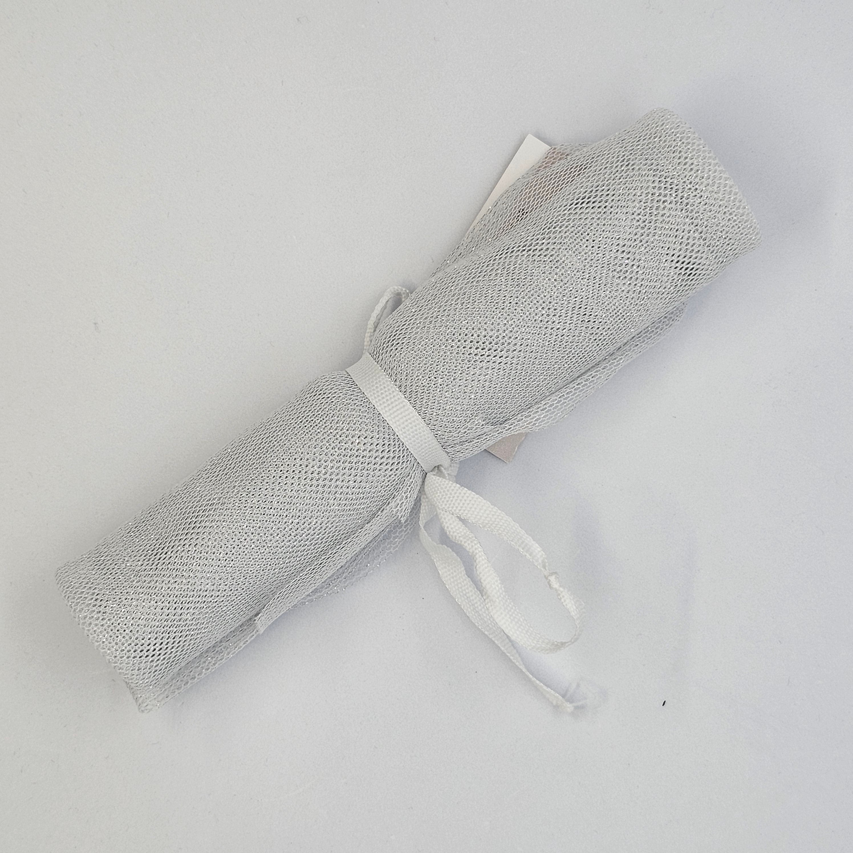 Ivory Silver Lurex Tulle — soft, 90% polyester 10% lurex, 137cm wide