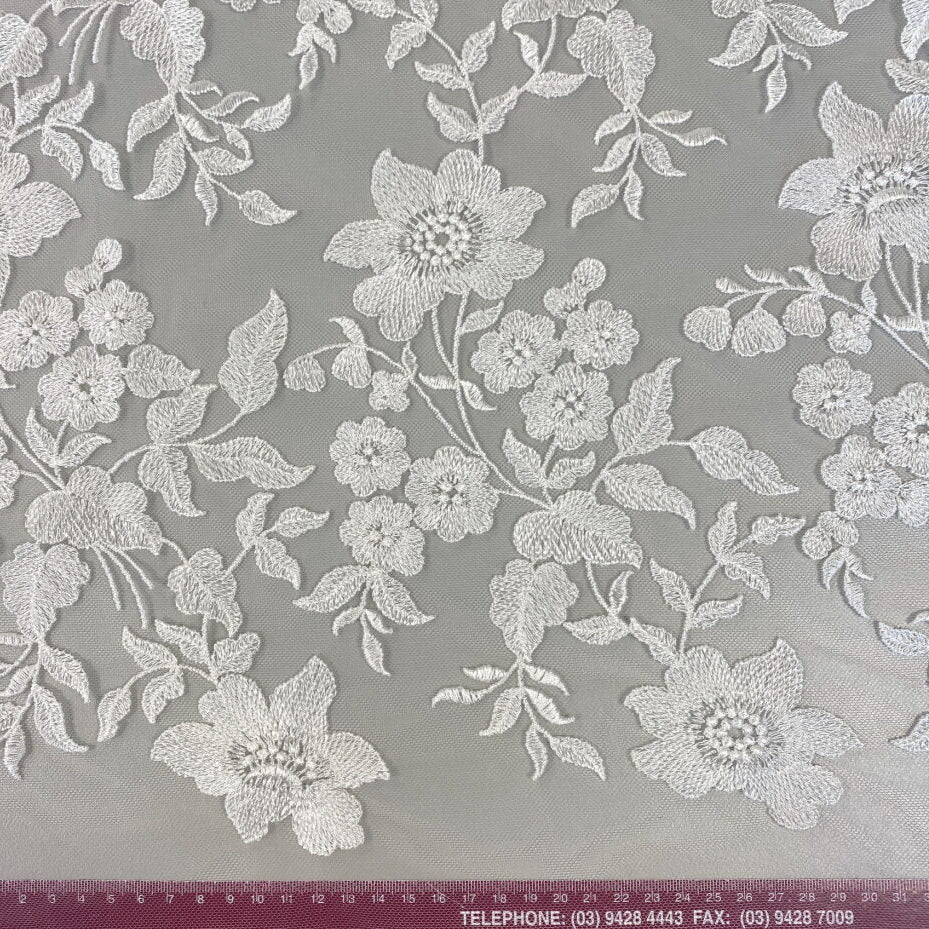 Ivory Embellished Floral Tulle — featuring floral motifs, 60% rayon 40% nylon, 140cm wide