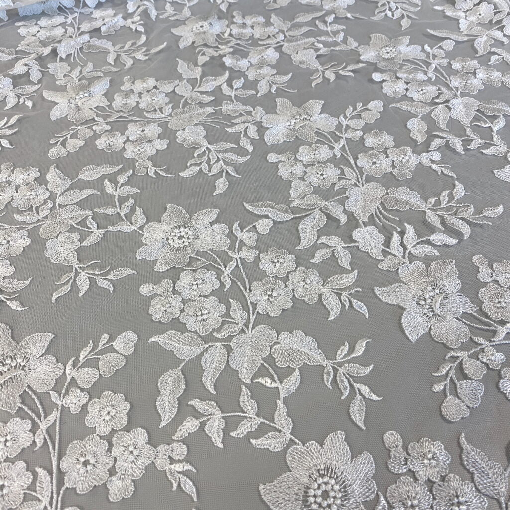 Ivory Embellished Floral Tulle — featuring floral motifs, 60% rayon 40% nylon, 140cm wide