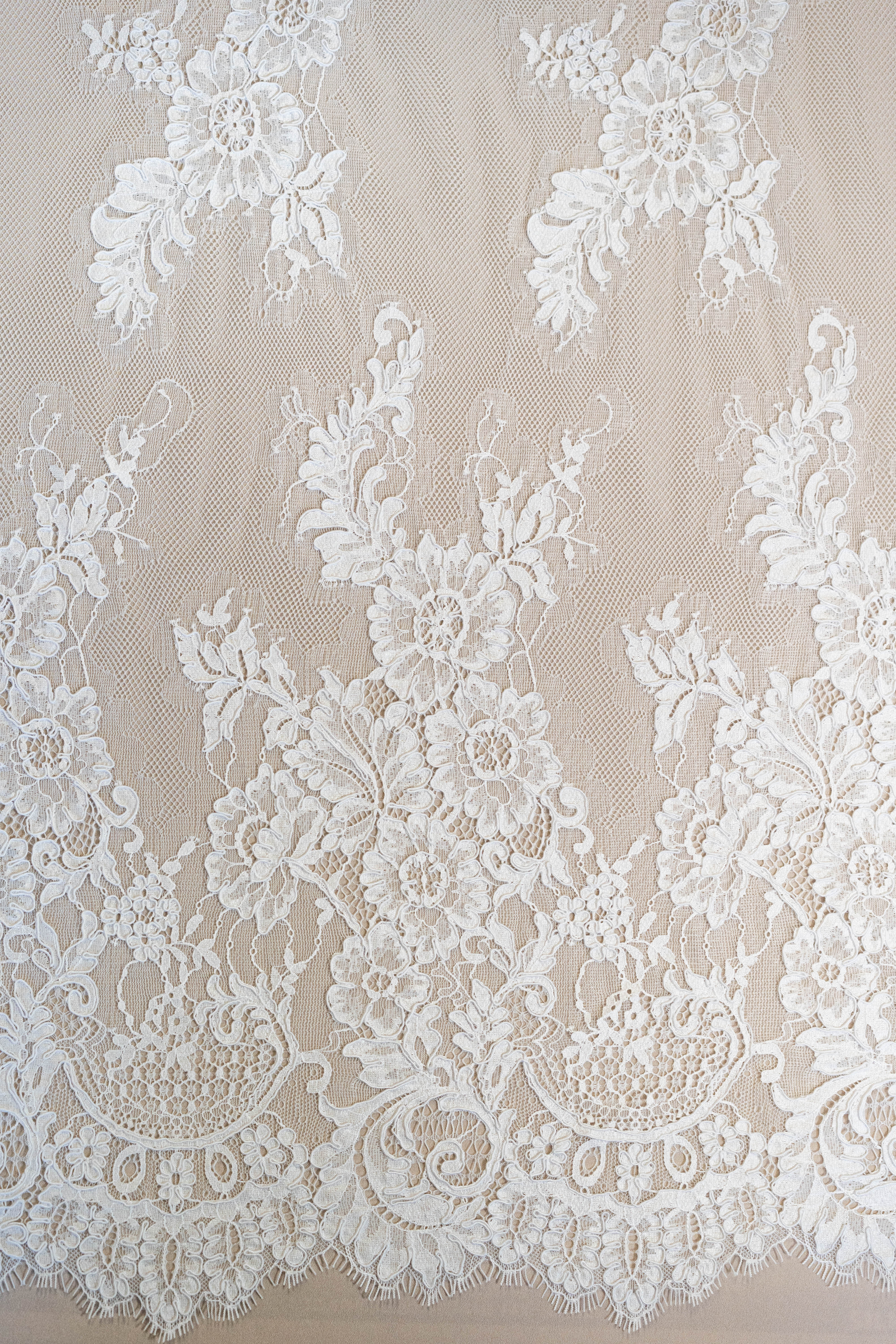 White Corded Floral Lace — featuring scalloped edges, eyelash detail and floral motifs, in nylon, 140cm wide