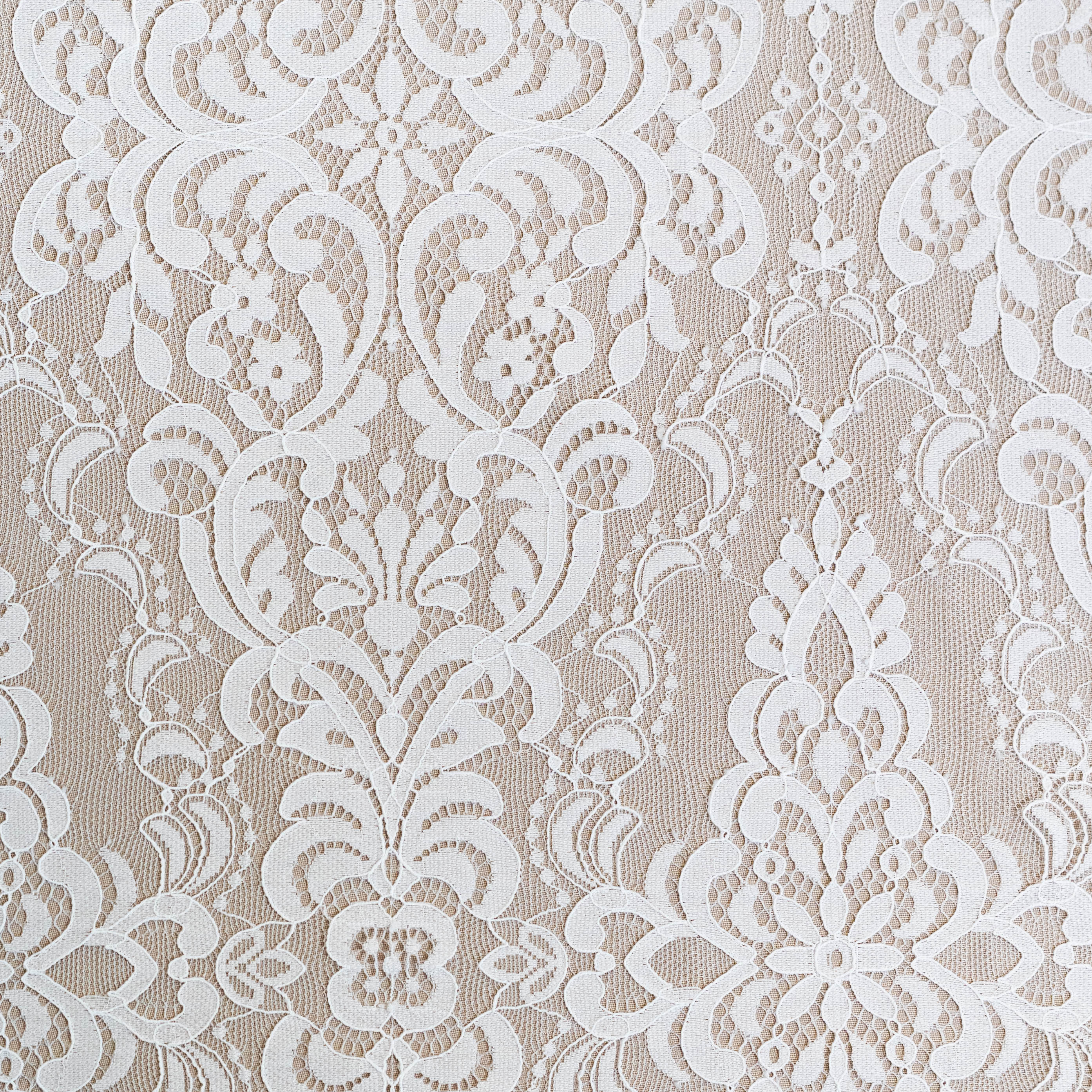 Light Ivory Corded Fine Lace — featuring scalloped edges, eyelash detail, arabesque motifs and a corded texture, 130cm wide