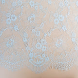 Sky Blue Fine Lace — featuring scalloped edges and floral motifs, in viscose and nylon, 140cm wide