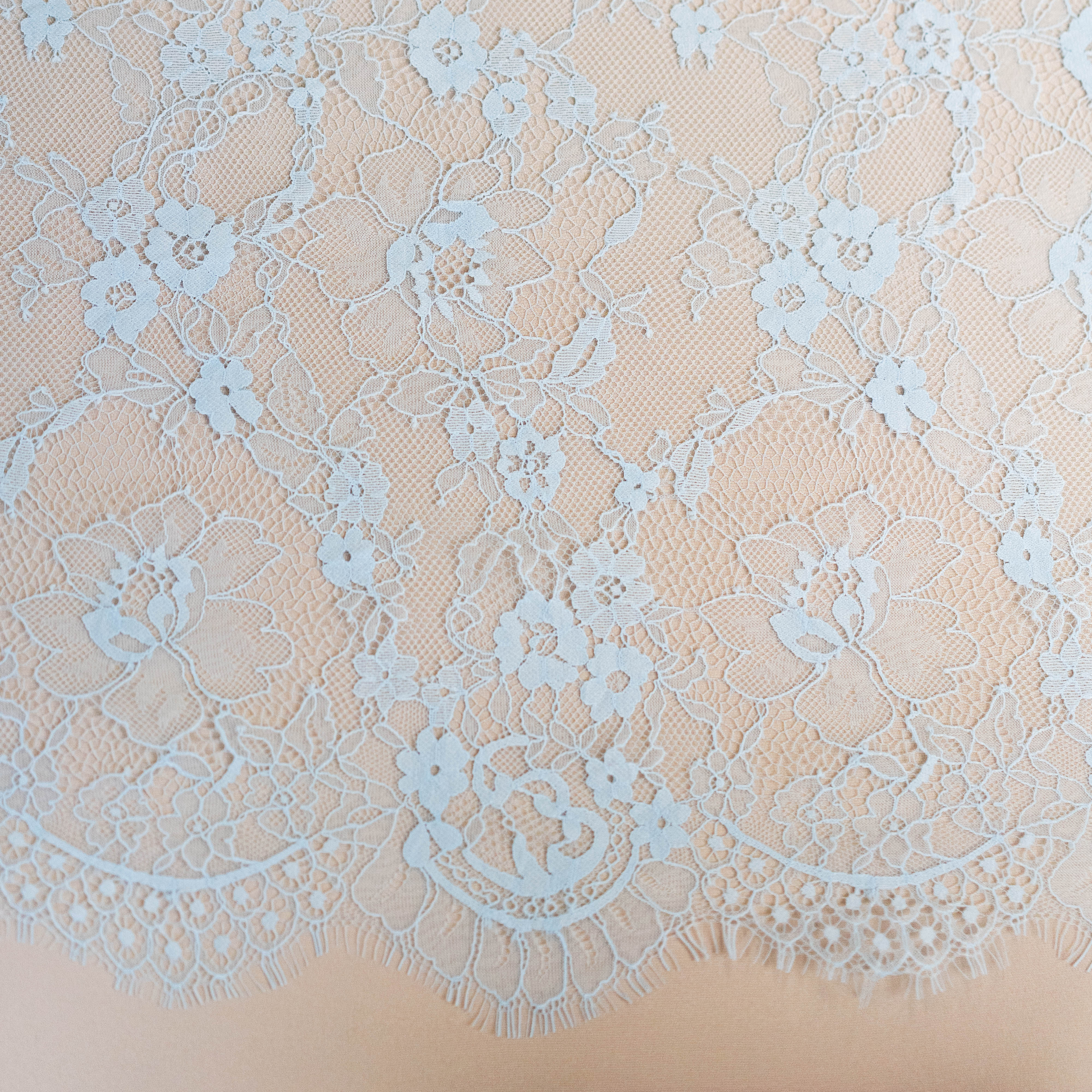 Sky Blue Fine Lace — featuring scalloped edges and floral motifs, in viscose and nylon, 140cm wide