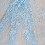 Sky Blue Fine Lace — featuring scalloped edges and floral motifs, in viscose and nylon, 140cm wide