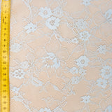 Sky Blue Fine Lace — featuring scalloped edges and floral motifs, in viscose and nylon, 140cm wide