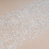 Light Ivory Floriated Beaded Lace Trim — featuring scalloped edges, eyelash detail and floral motifs, in nylon, 30cm wide